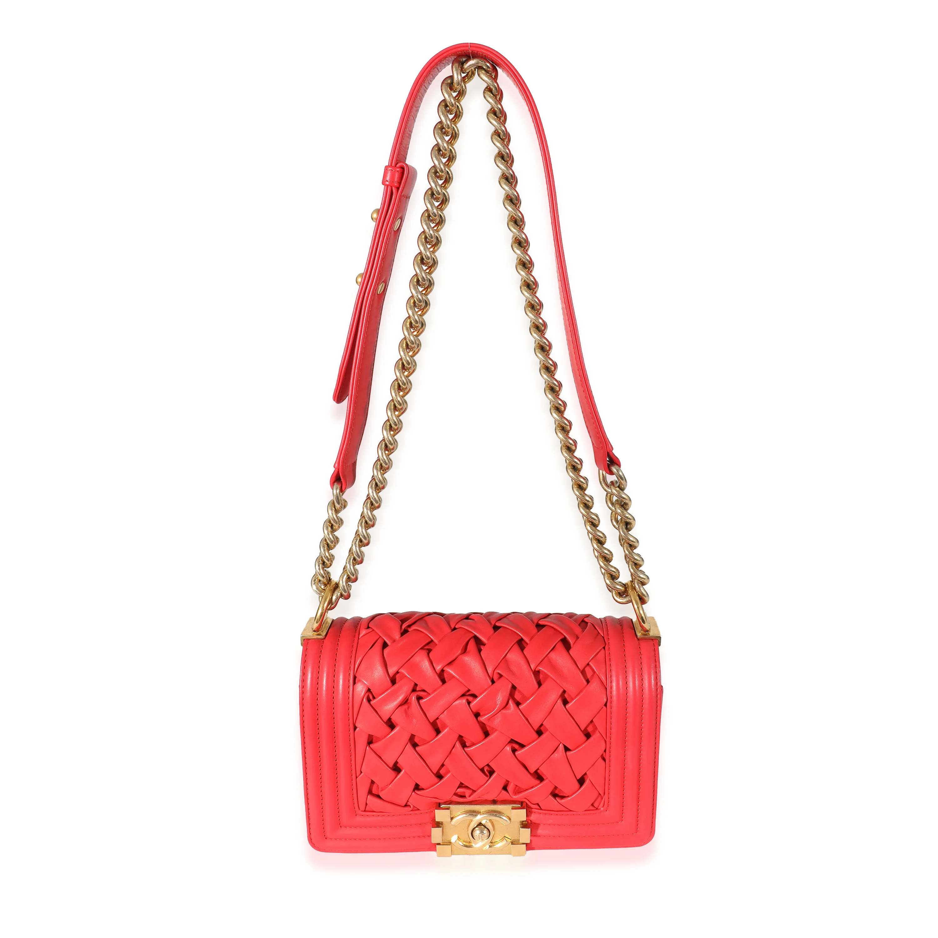 Chanel Red Lambskin Woven Small Boy Bag - Image 4