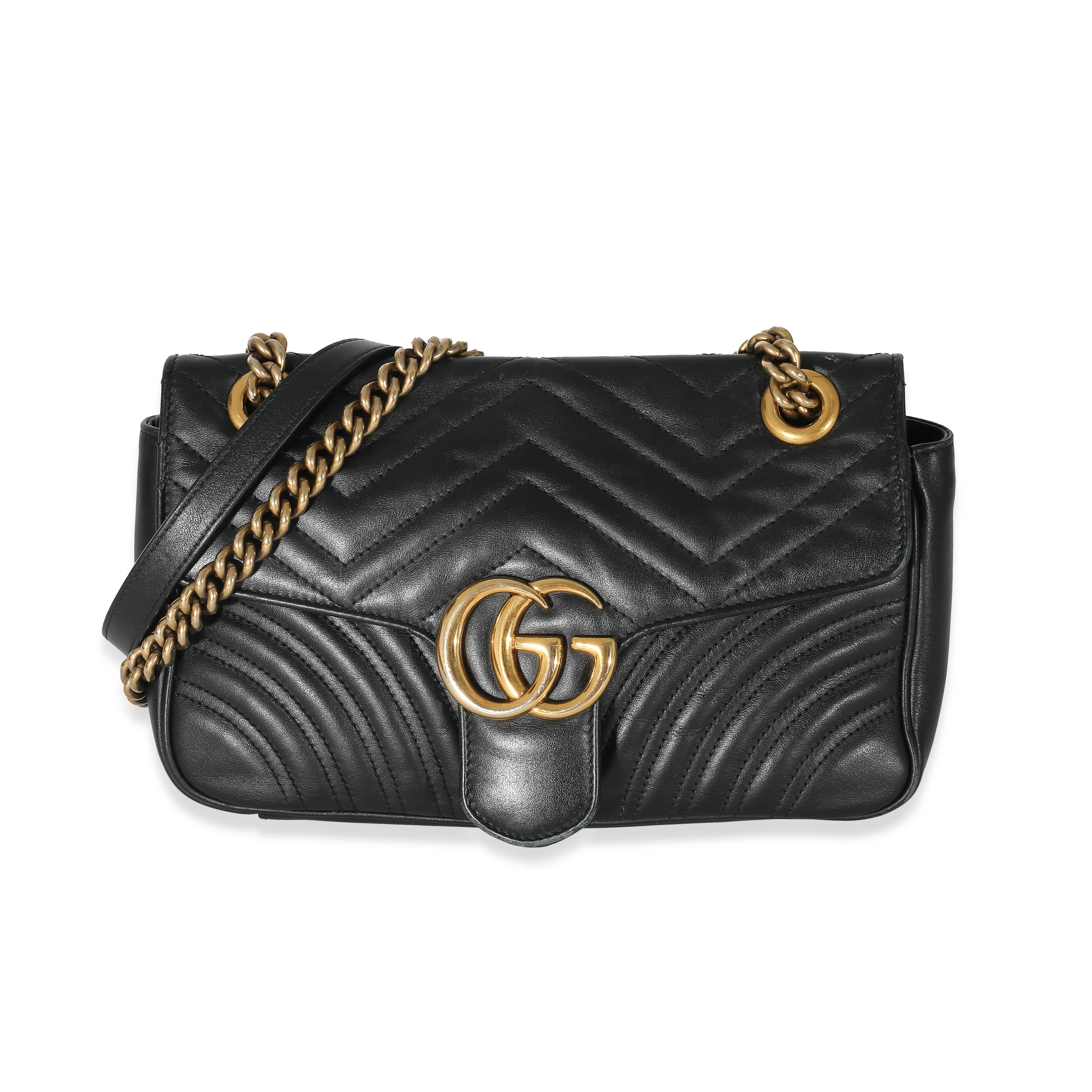 Gucci Black Chevron Matelassé Leather Small GG Marmont Shoulder Bag