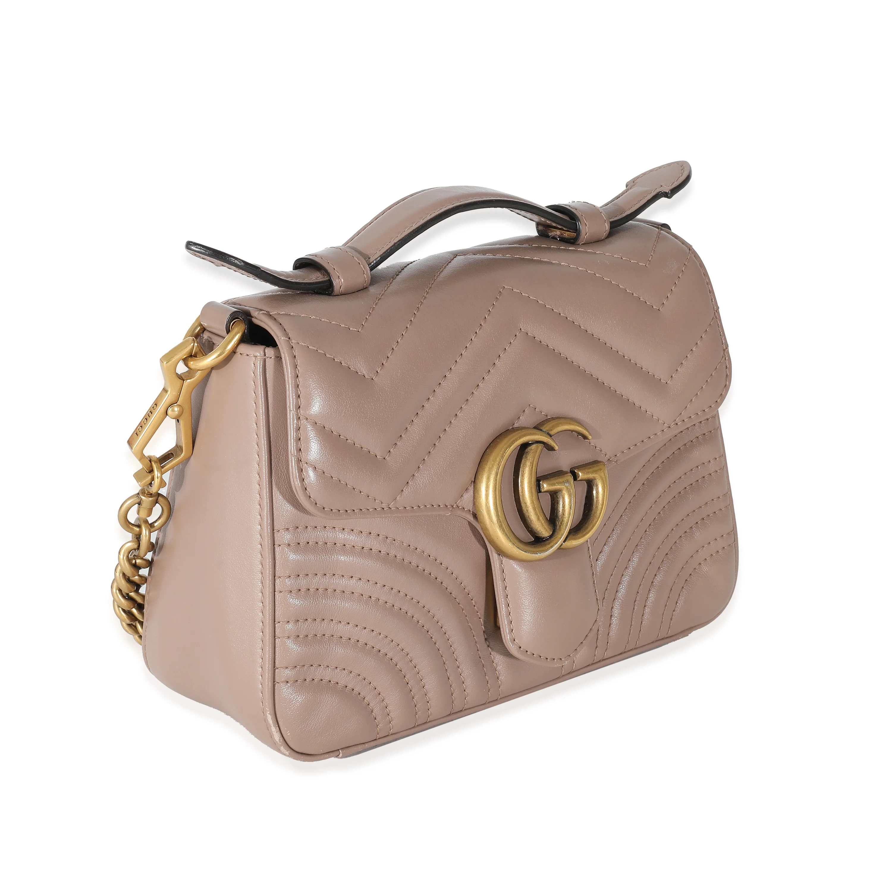 Dark Beige Chevron Matelassé Calfskin Mini GG Marmont Top Handle - Image 3