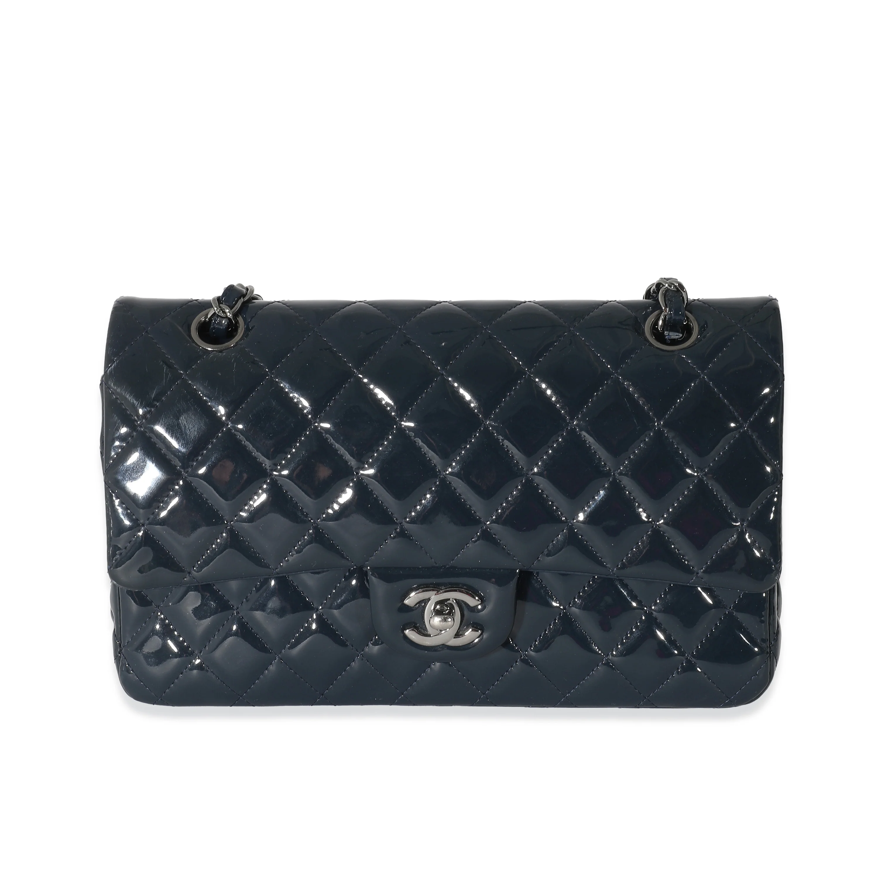 Chanel Navy Quilted Patent Medium Classic Double Flap Bag