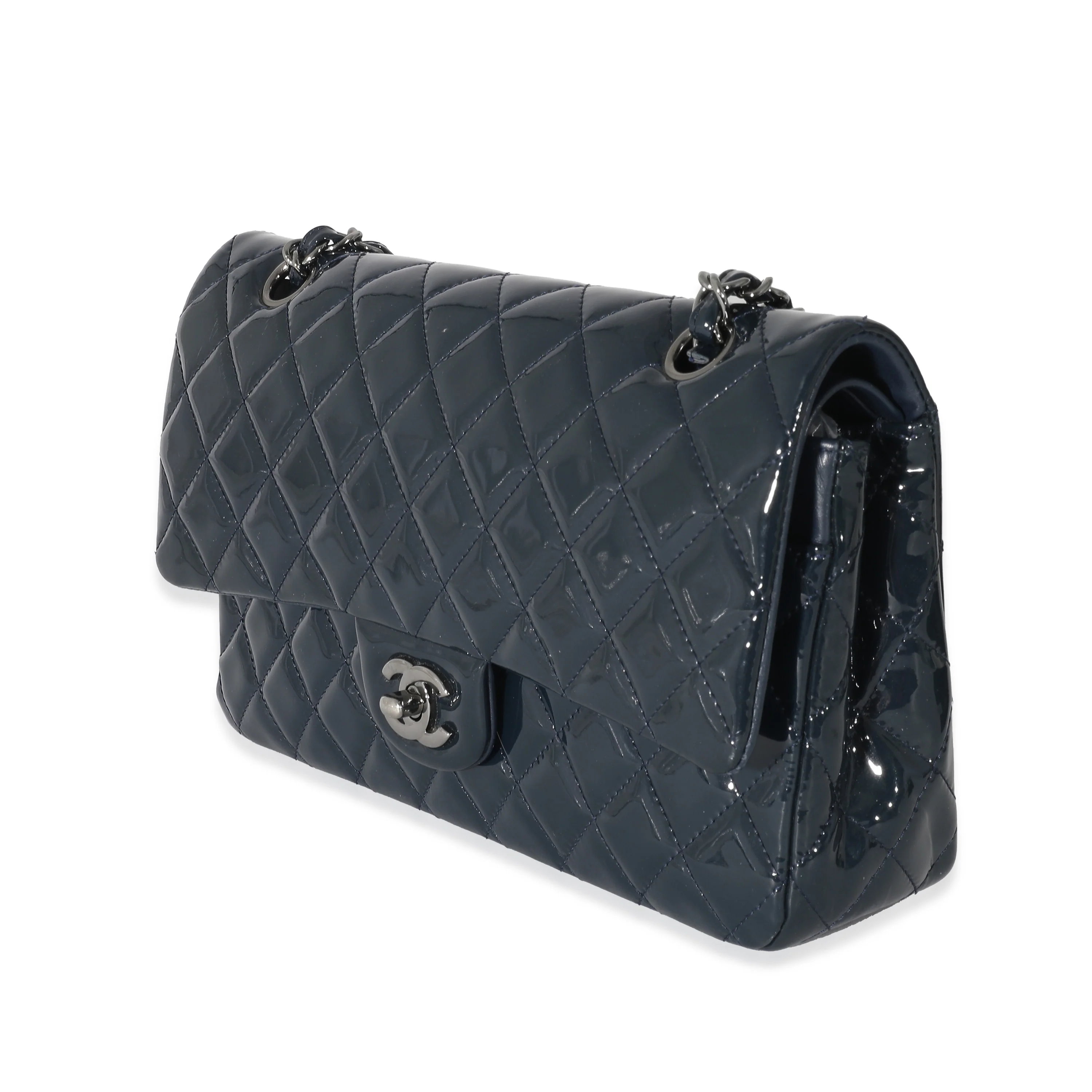 Chanel Navy Quilted Patent Medium Classic Double Flap Bag - Image 2