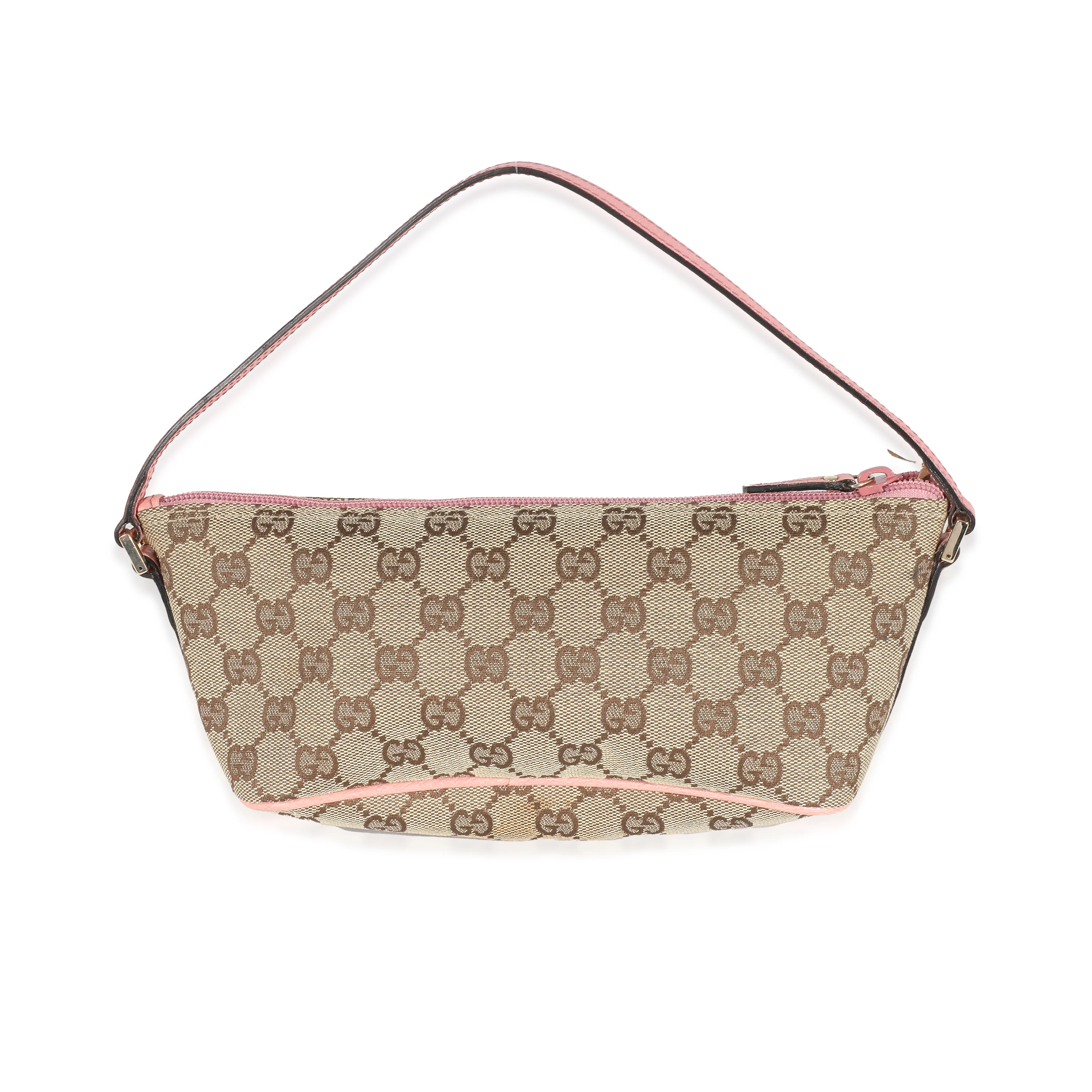 Gucci Pink Leather Beige GG Canvas Boat Pochette - Image 4