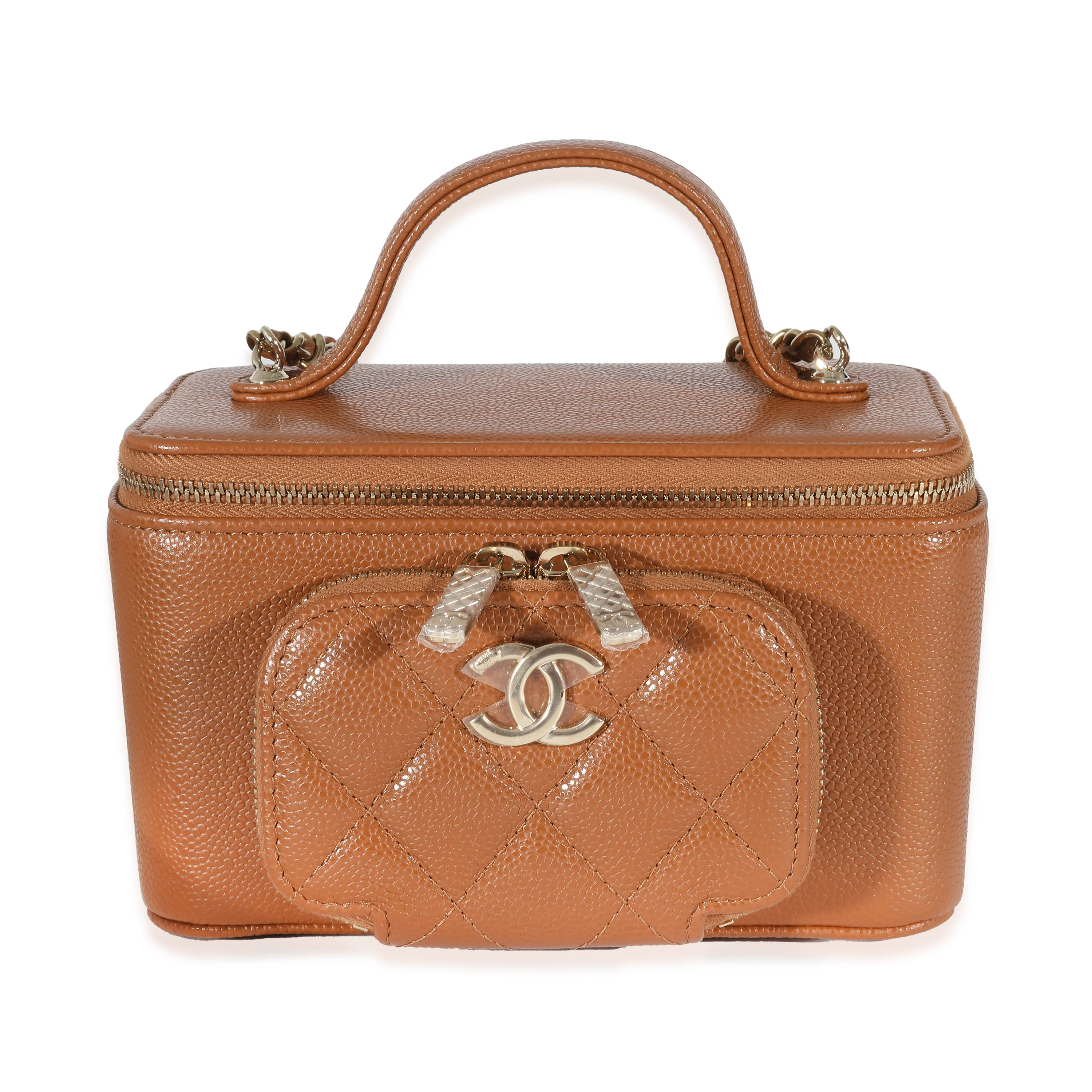 Chanel Camel Quilted Caviar Top Handle Pocket Vanity Case