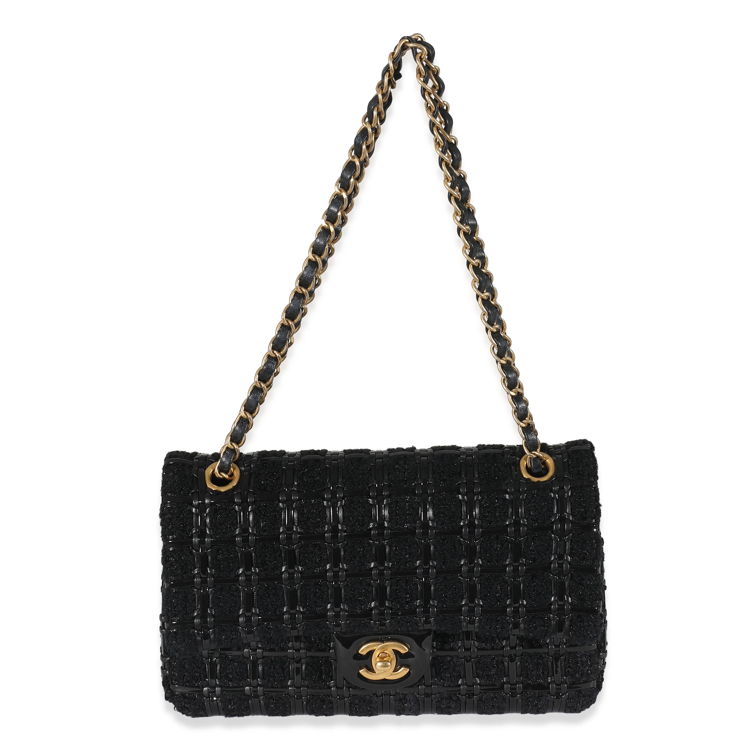 Chanel Black Tweed Woven Leather Medium Classic Double Flap Bag - Image 7