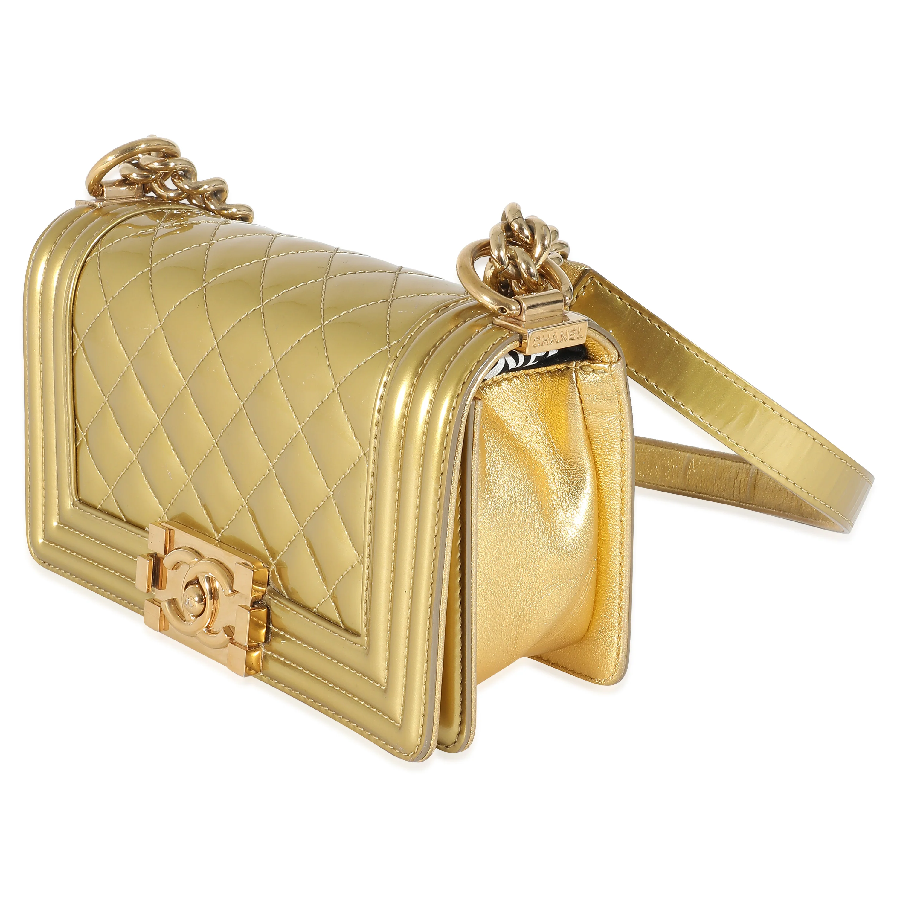 Chanel Gold Quilted Patent Small Boy Bag - Image 2