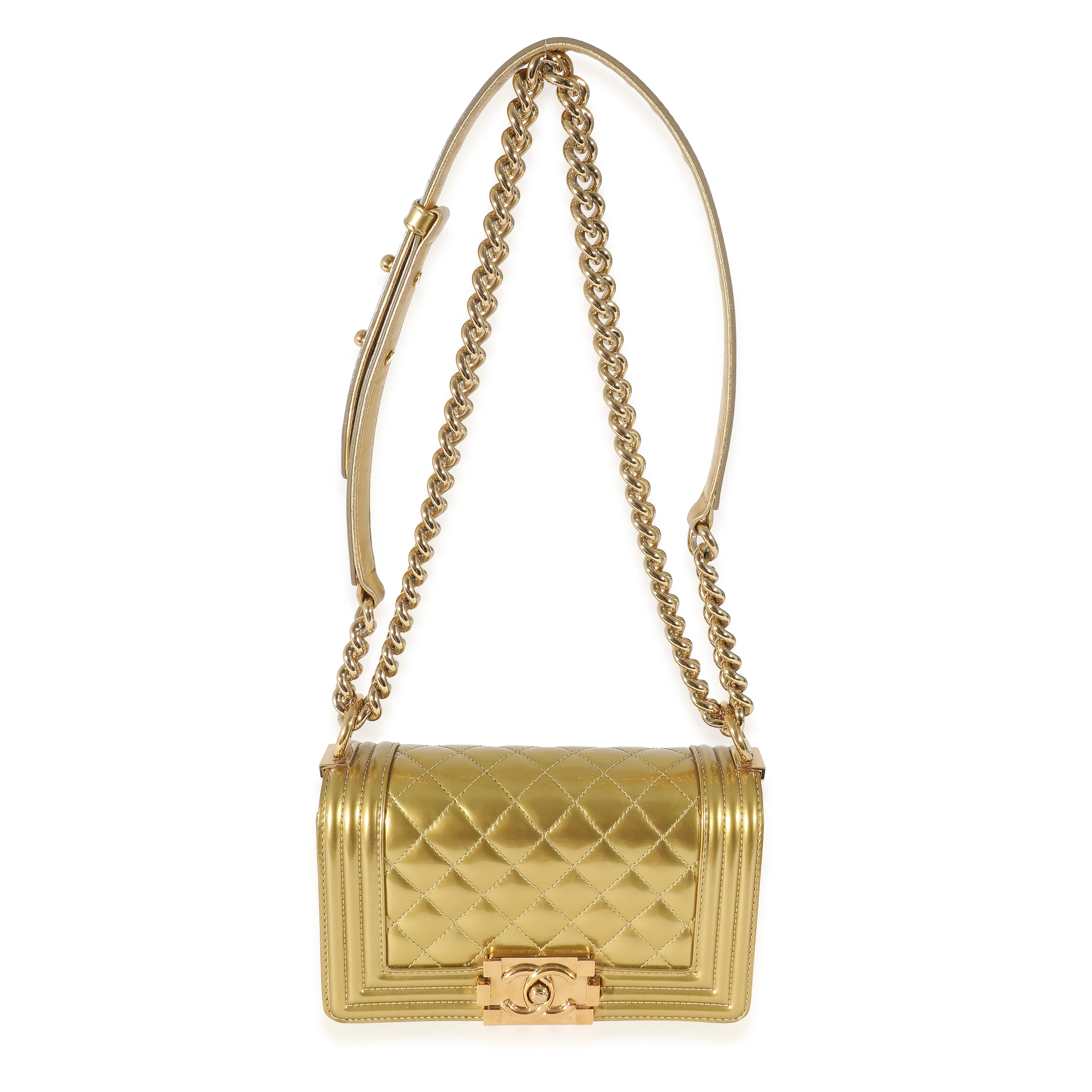 Chanel Gold Quilted Patent Small Boy Bag - Image 3