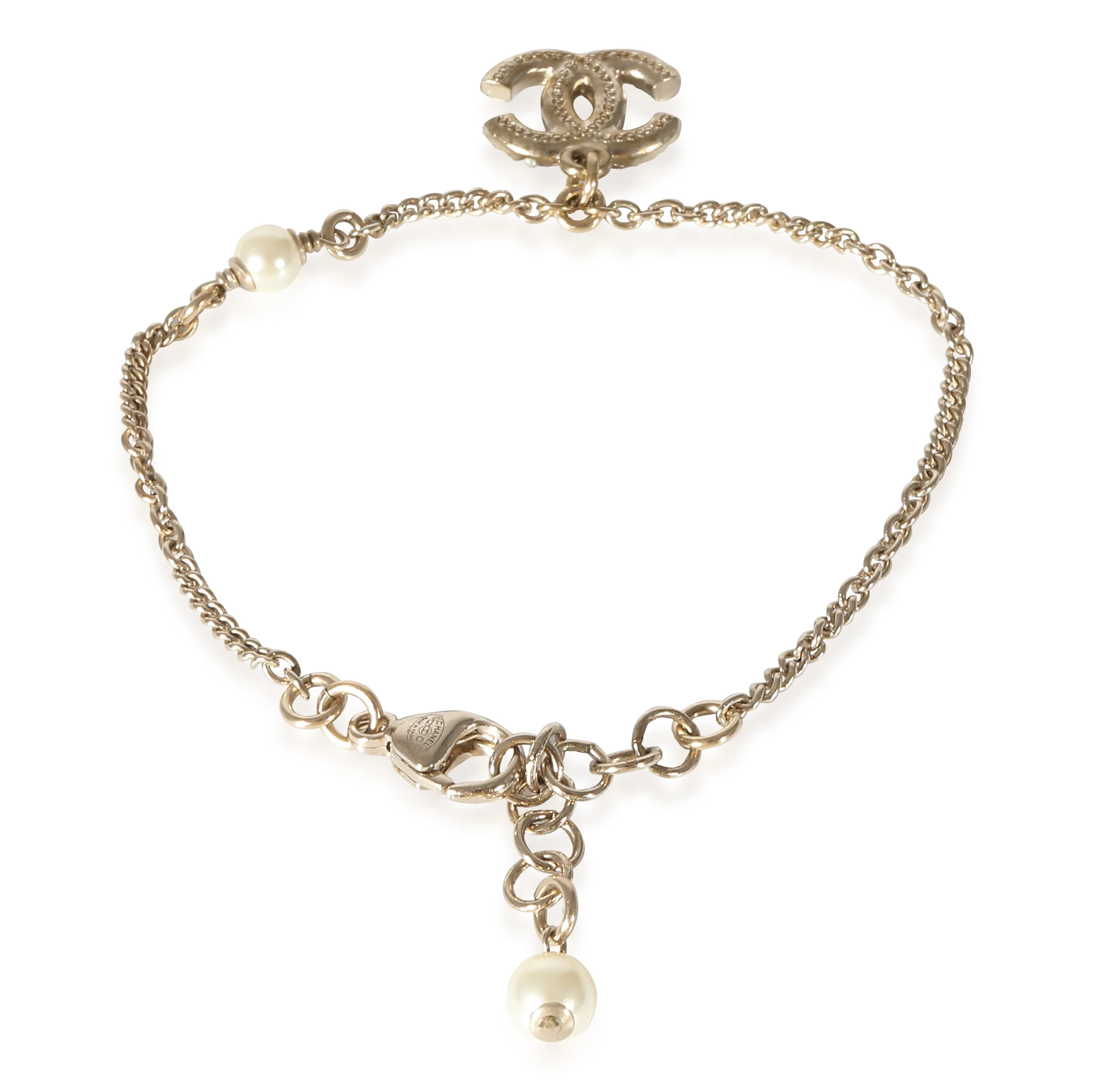 Gold Plated Chanel 2021 CC Link Bracelet With Faux Pearl & Strass Bracelet - Image 3
