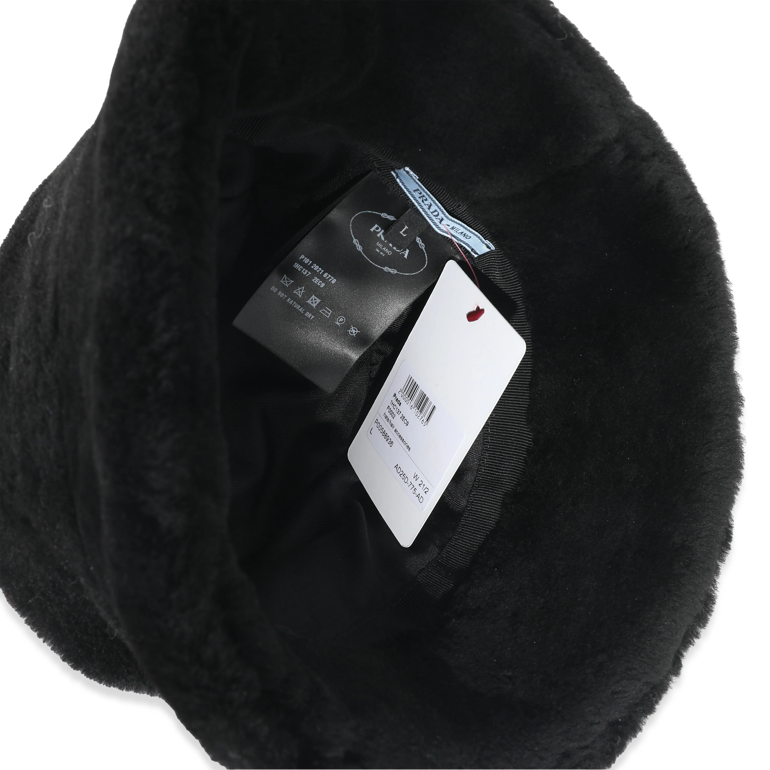 Prada Black Shearling Logo Bucket Hat L - Image 5