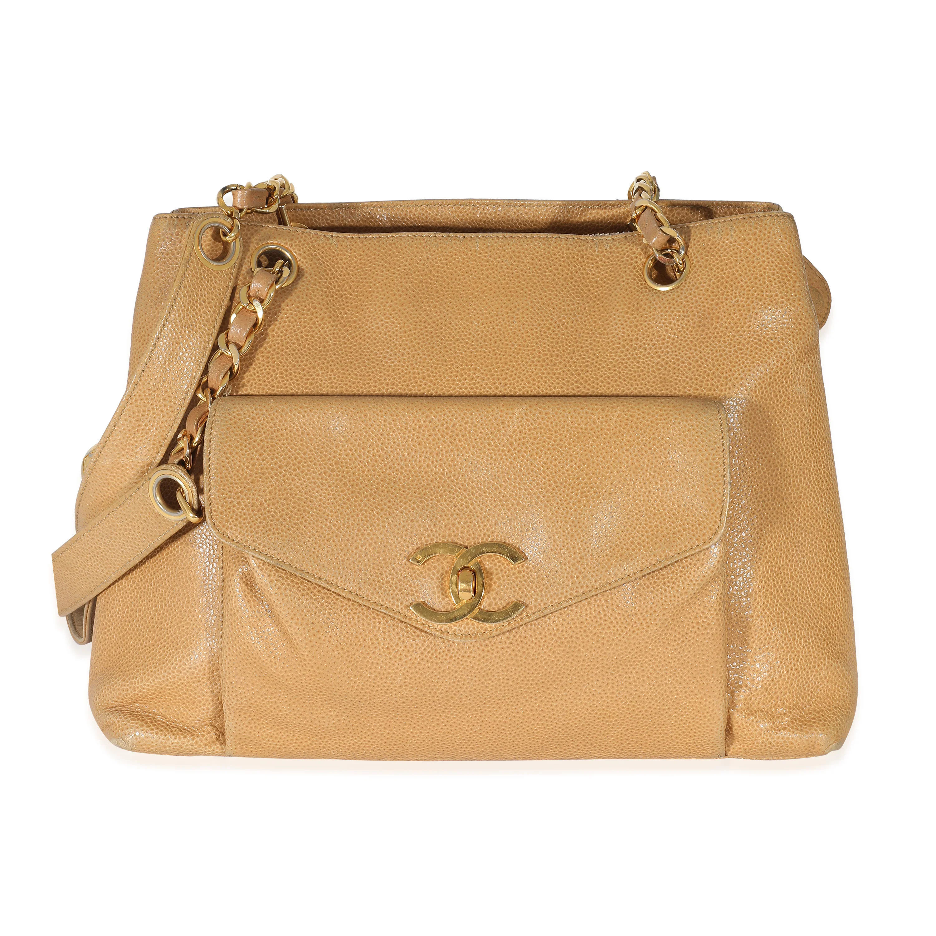 Chanel Vintage Beige Caviar Front Pocket CC Shopper