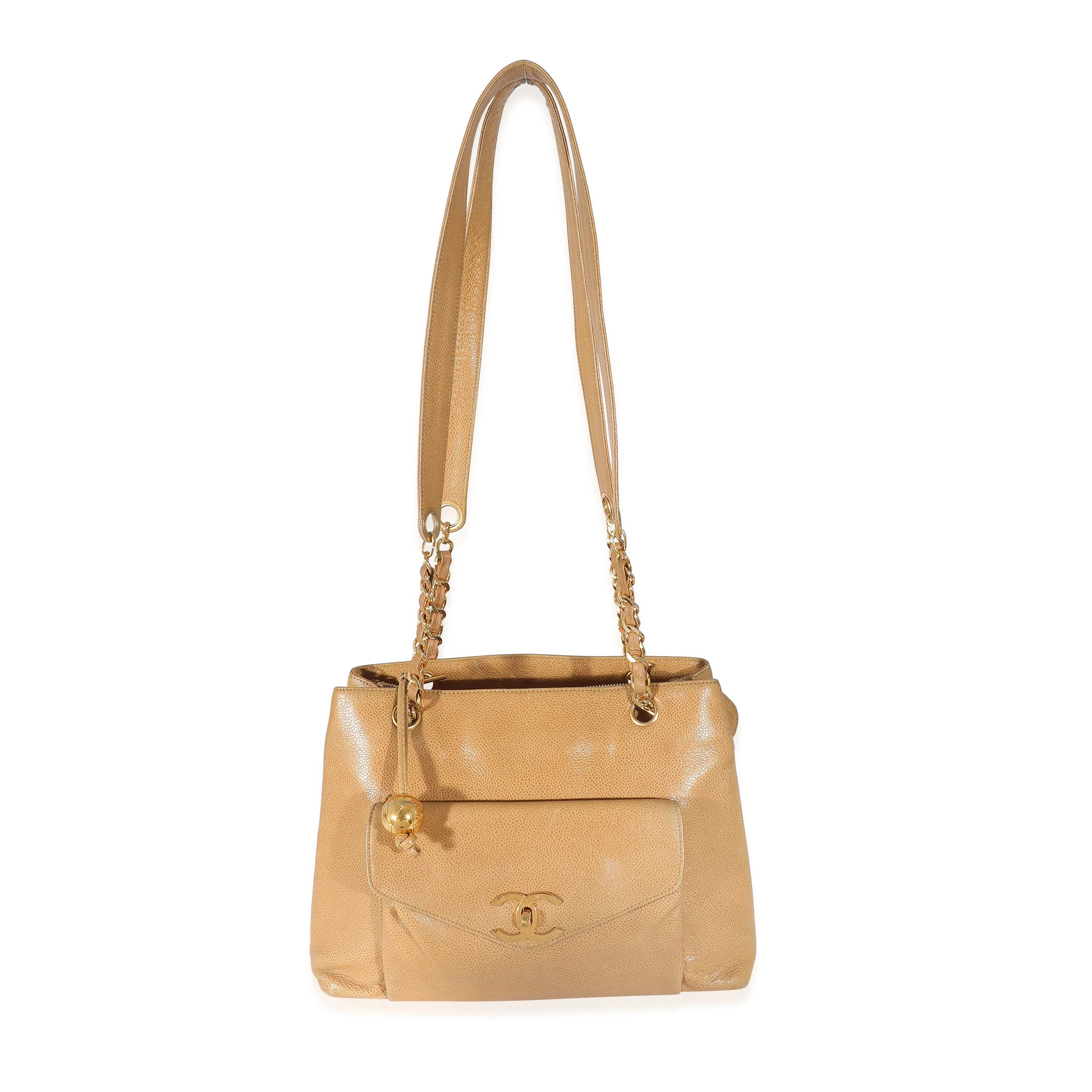 Chanel Vintage Beige Caviar Front Pocket CC Shopper - Image 4