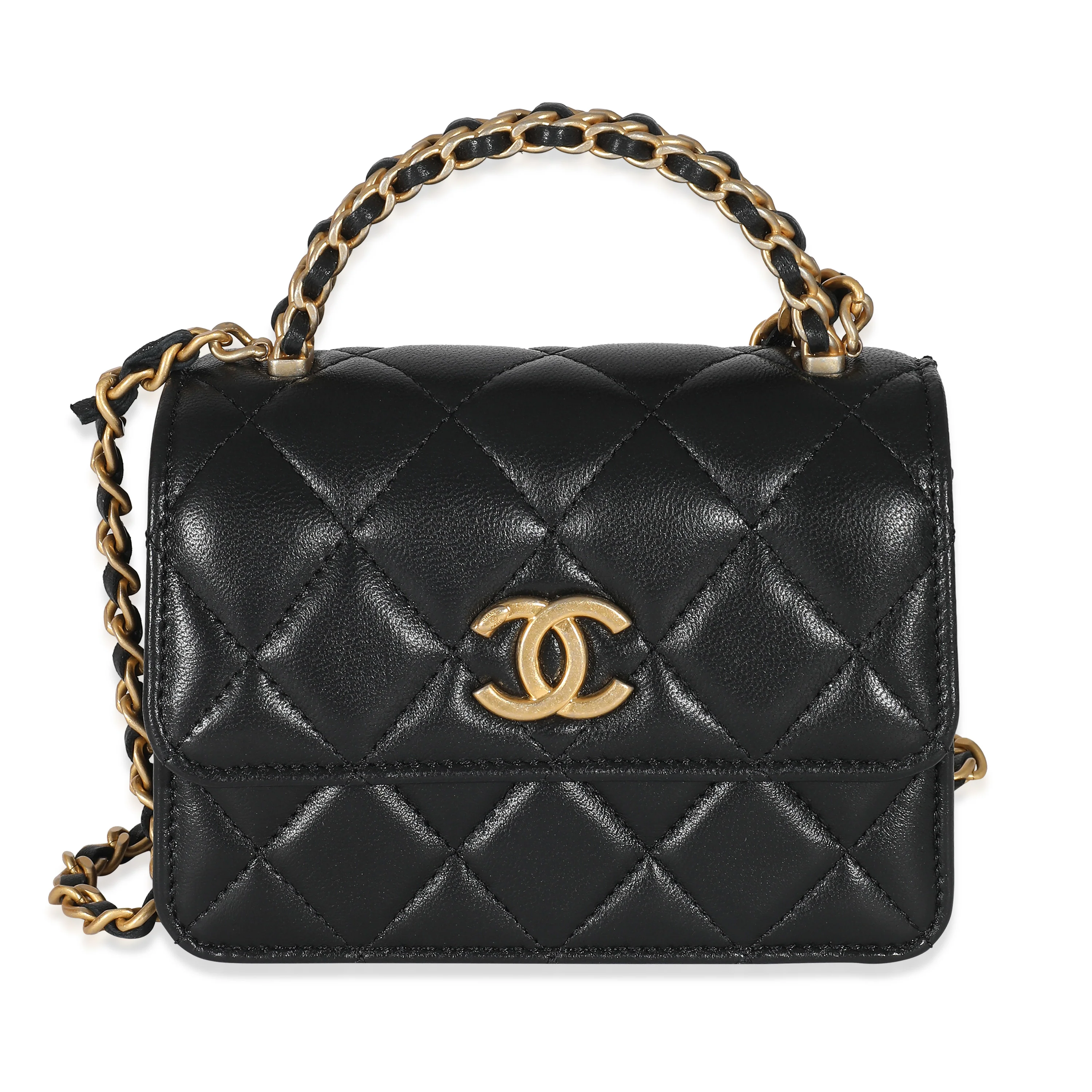 Chanel Black Quilted Lambskin Chain Top Handle Clutch
