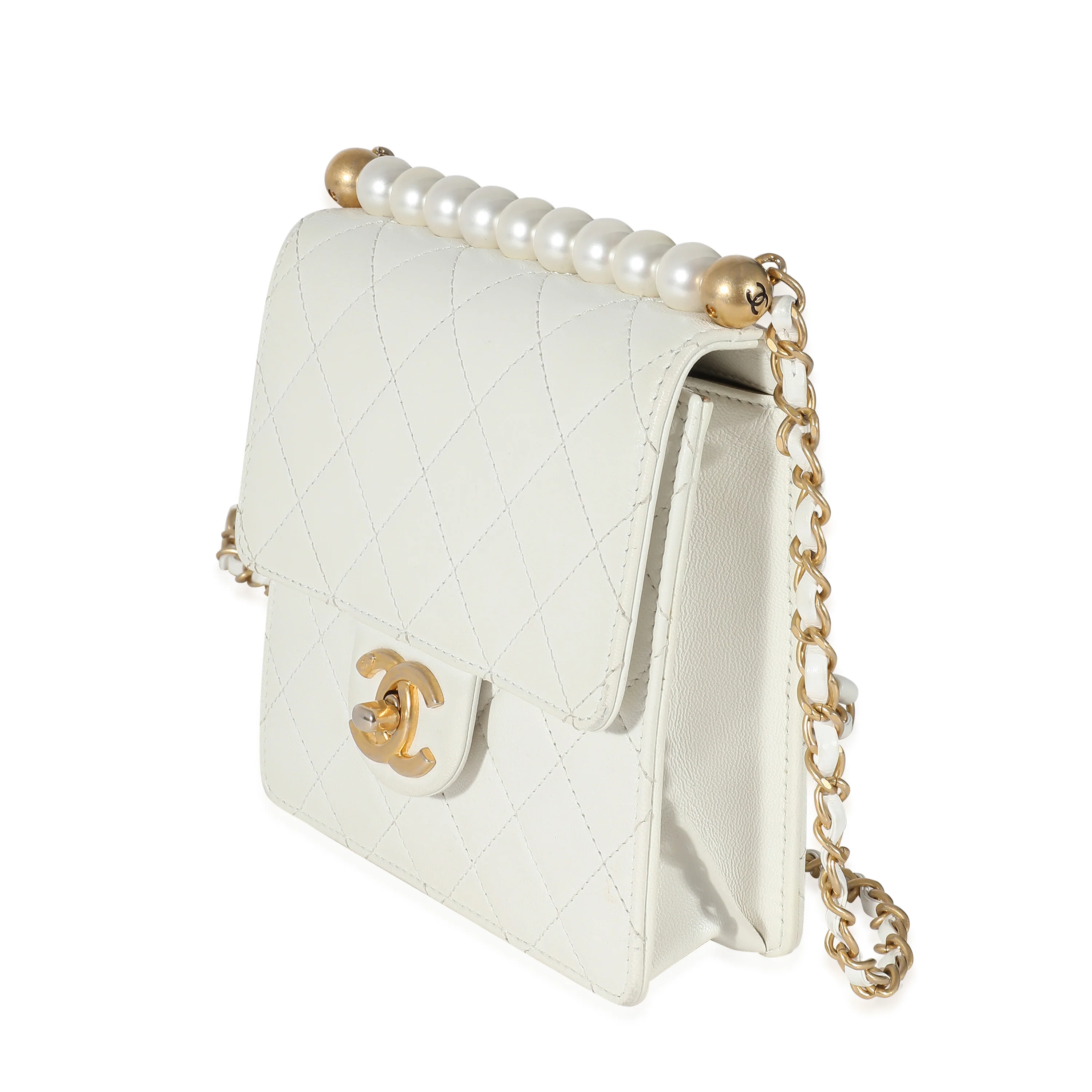 White Quilted Goatskin Vertical Chic Pearls Flap Bag - Image 2