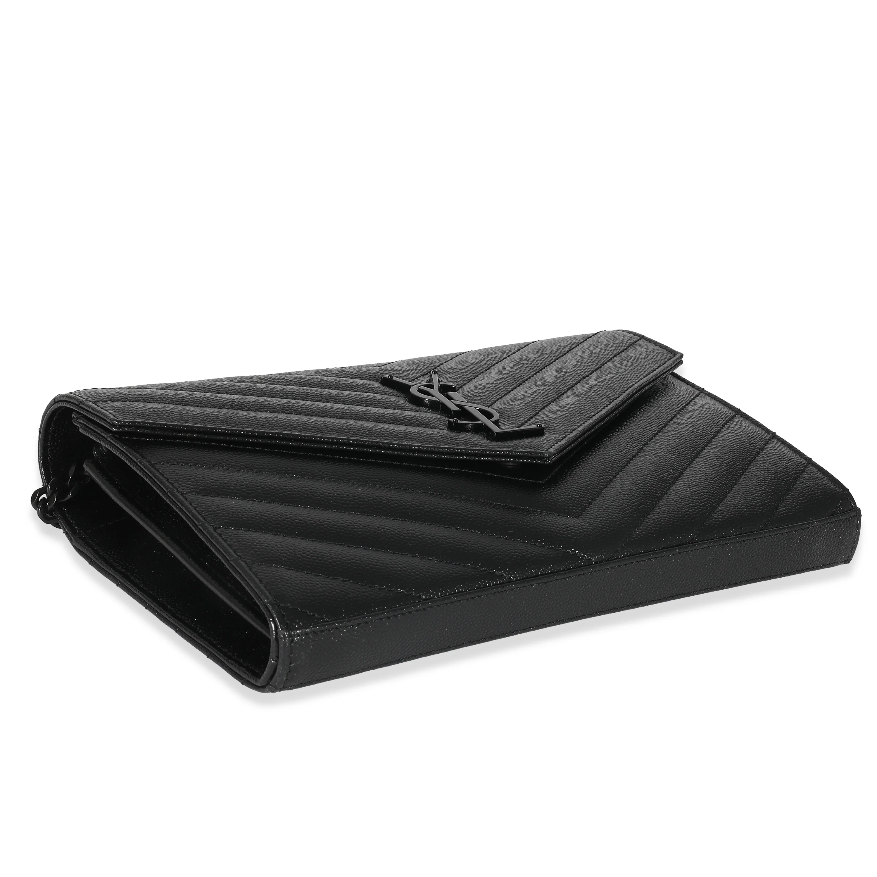 Saint Laurent Black Matelassé Grain De Poudre Cassandre Chain Wallet - Image 6