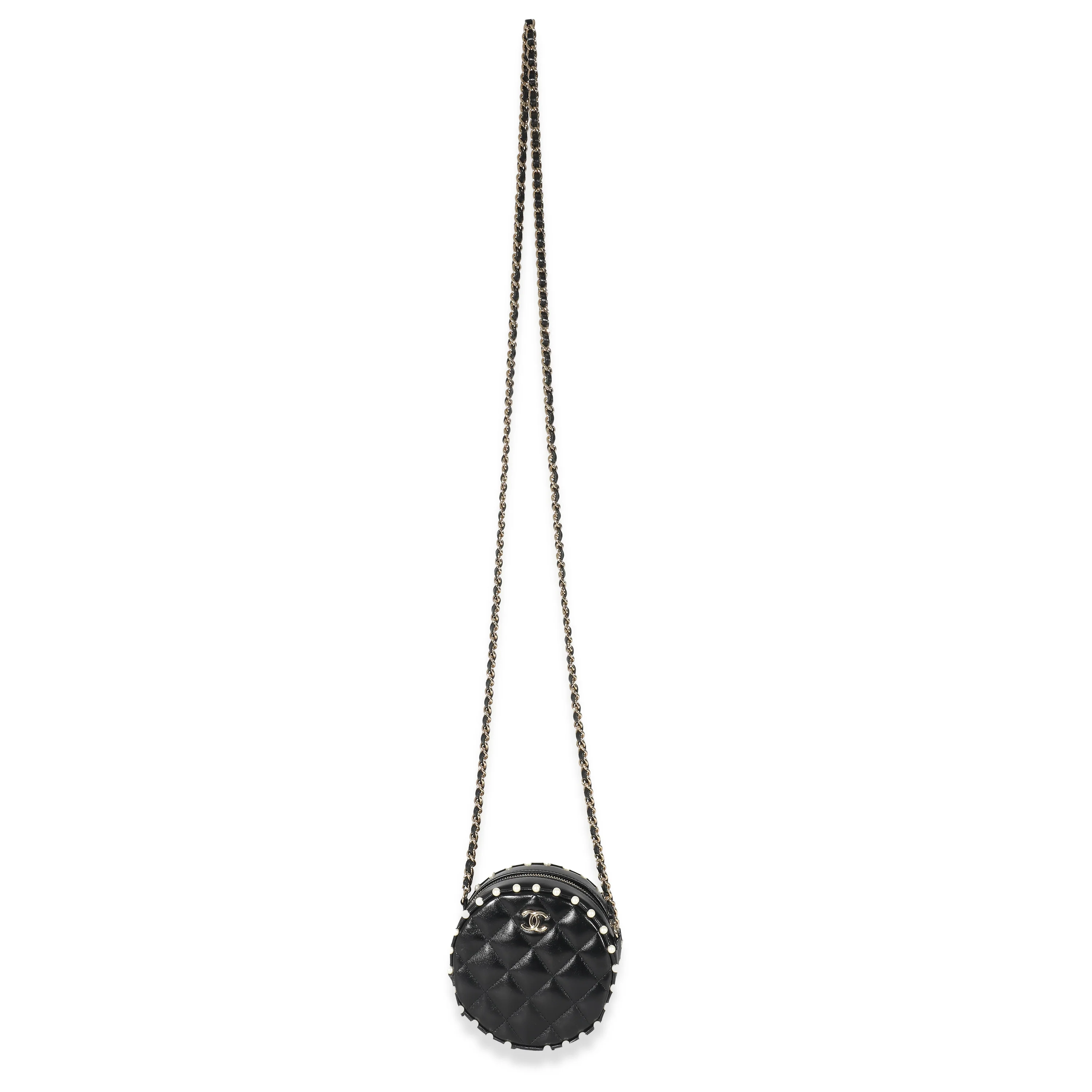 Chanel Black Quilted Lambskin Pearl Round Pouch With Chain - Image 4