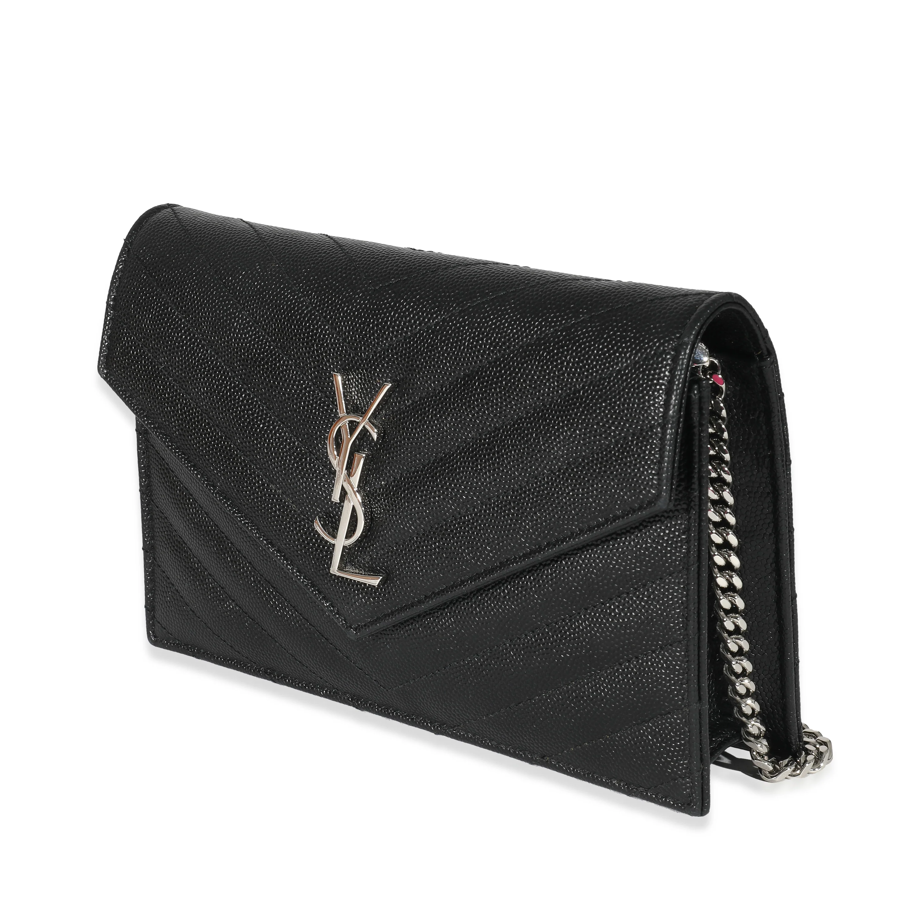 Saint Laurent Black Grain De Poudre Cassandre Envelope Chain Wallet - Image 2
