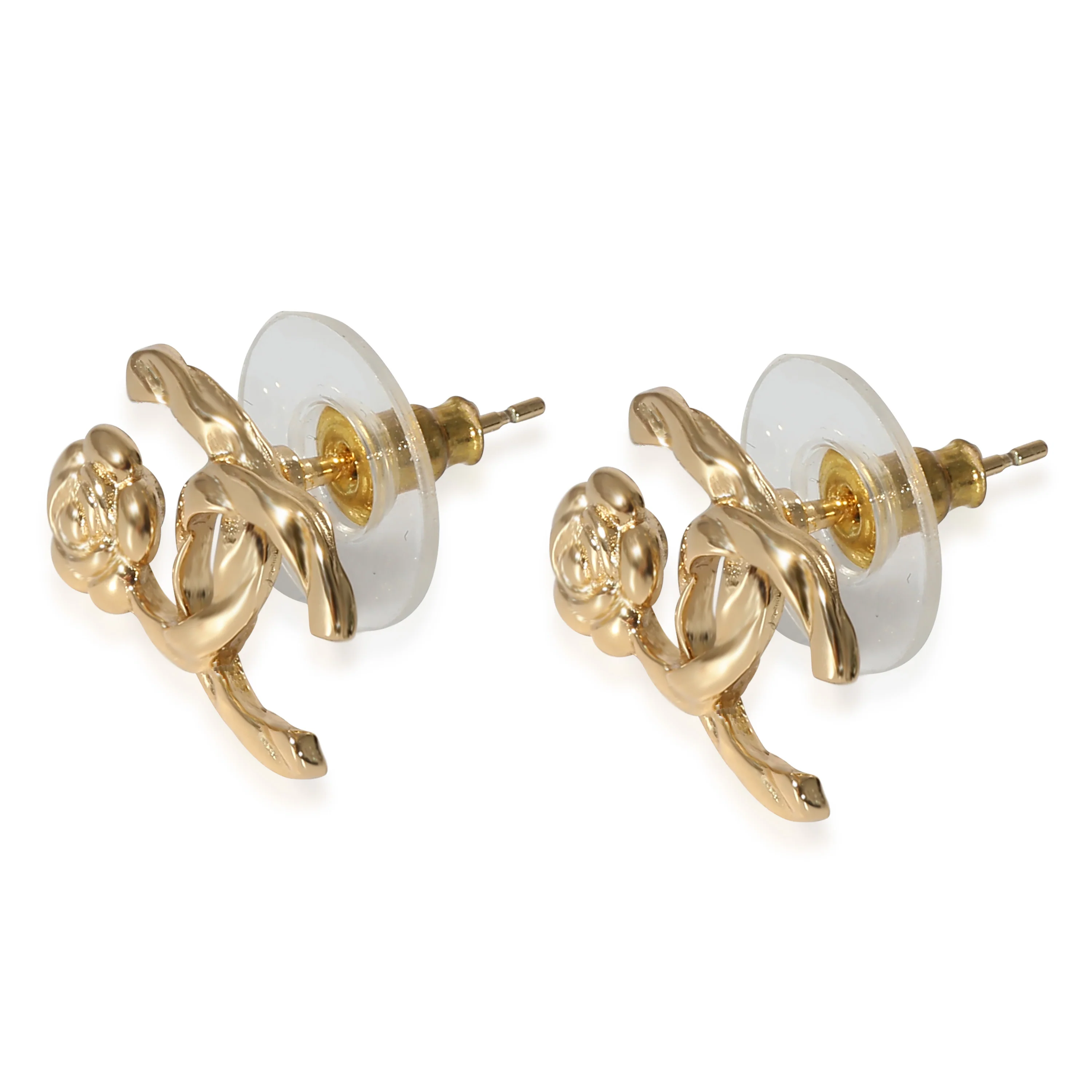 Chanel 2022 Camelia CC Stud Gold Tone Earrings - Image 2