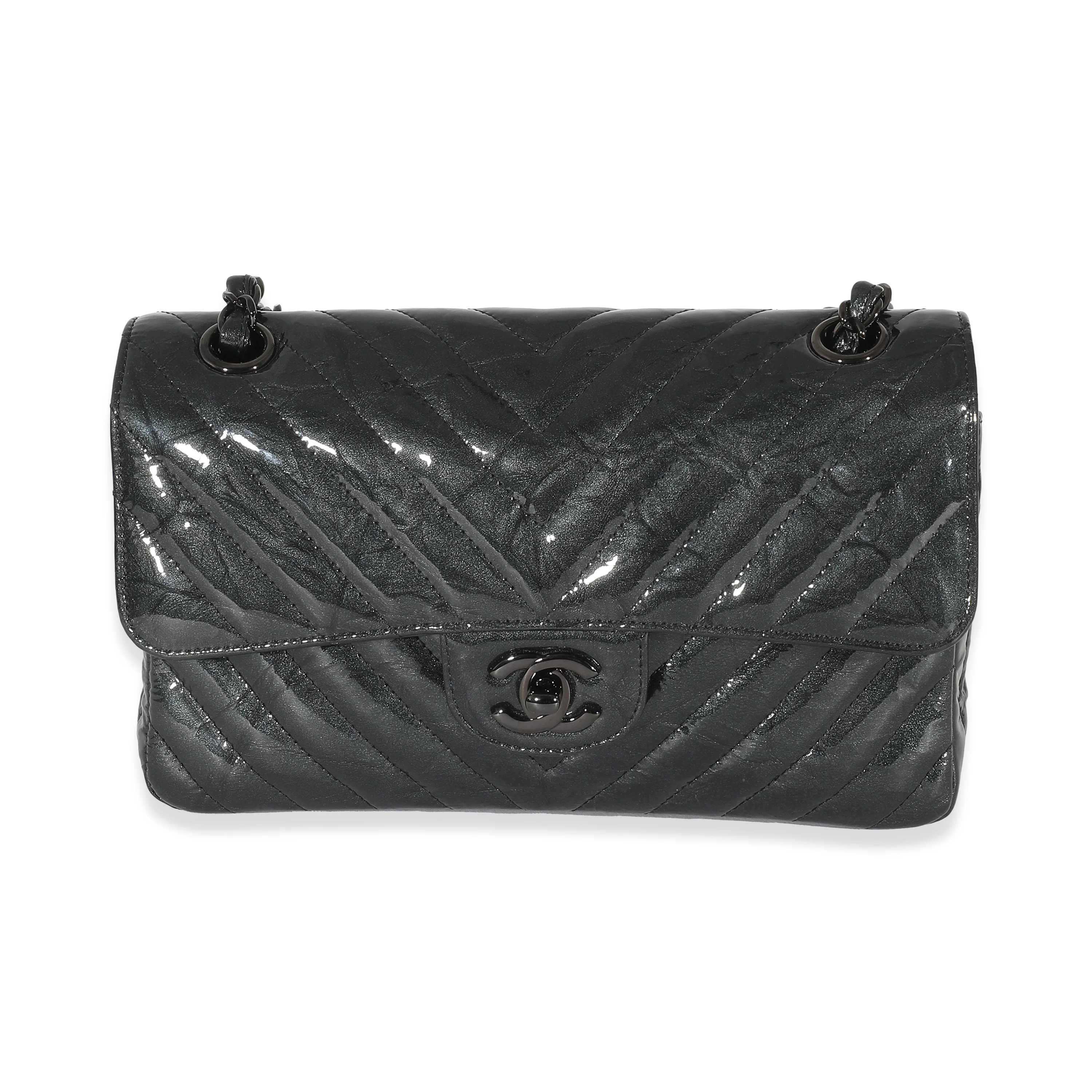 Chanel Metallic Black Chevron Crumpled Patent Small Classic Double Flap Bag