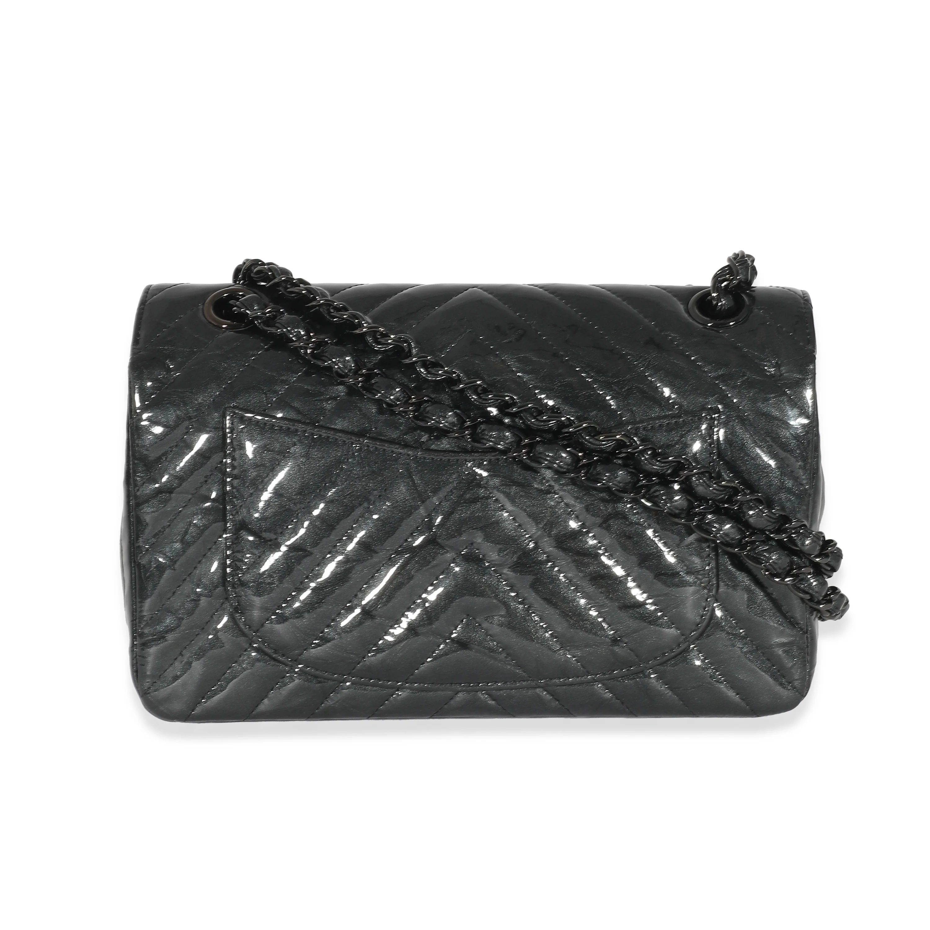 Chanel Metallic Black Chevron Crumpled Patent Small Classic Double Flap Bag - Image 4