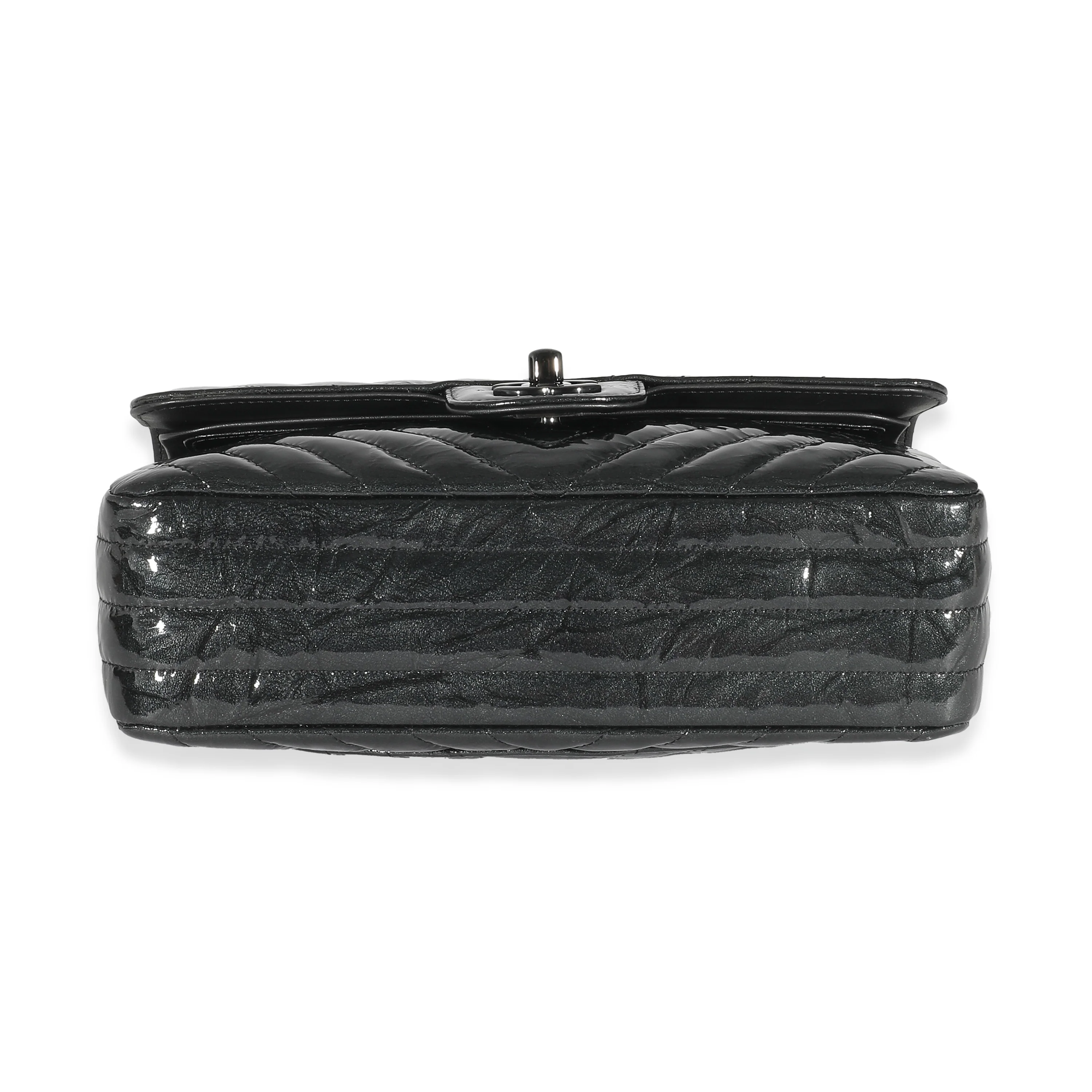 Chanel Metallic Black Chevron Crumpled Patent Small Classic Double Flap Bag - Image 6