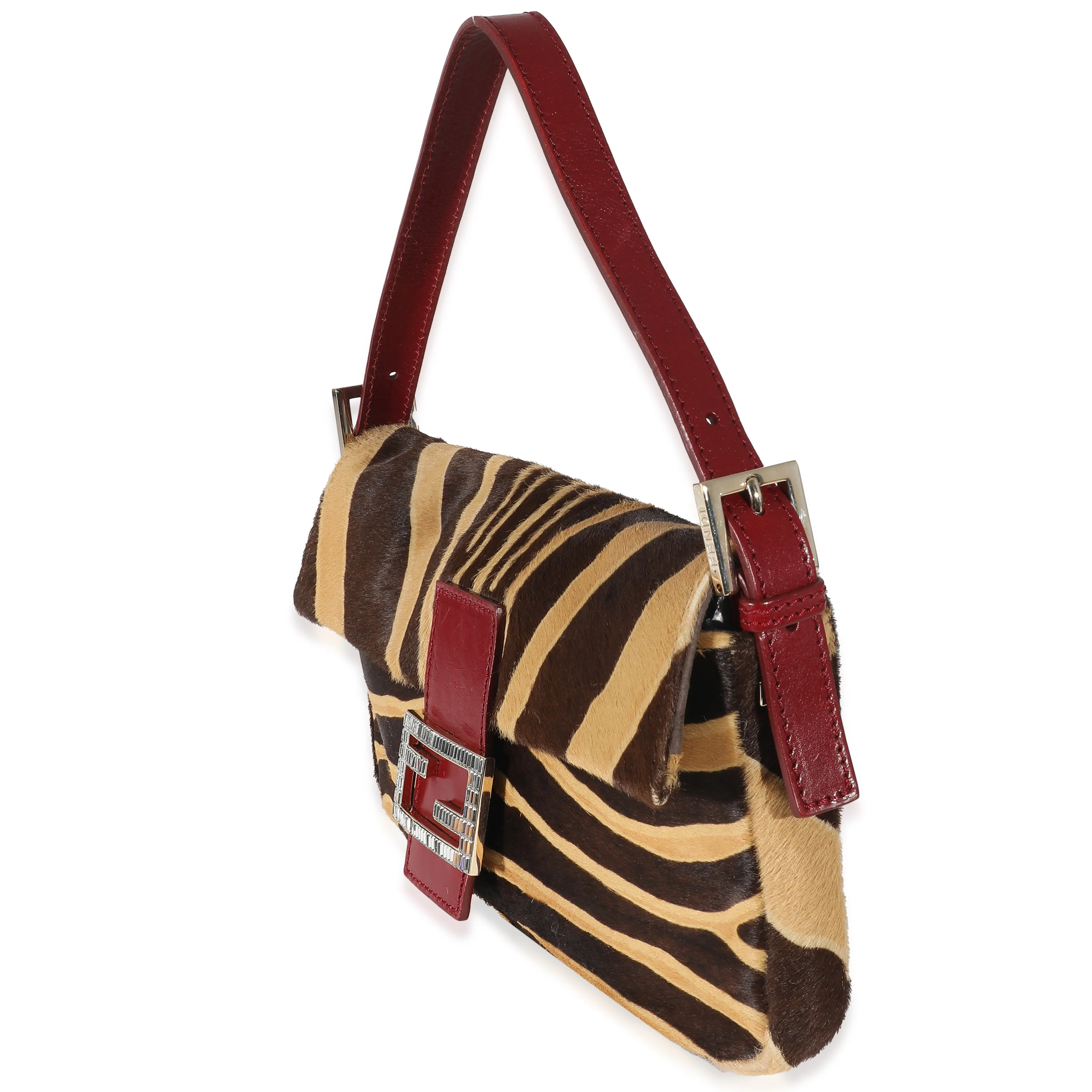Fendi Brown Beige Zebra Pony Hair Crystal Baguette Bag - Image 2