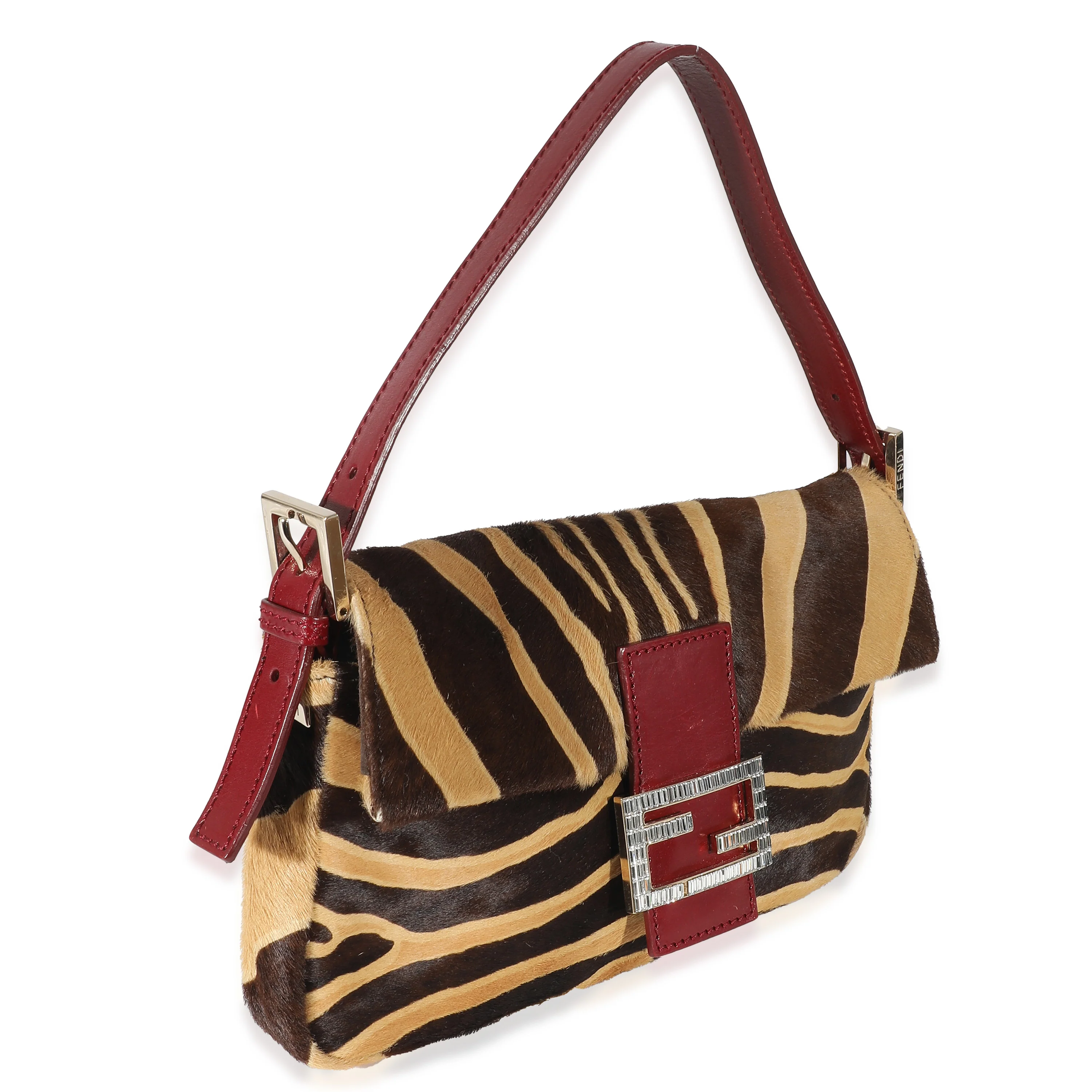 Fendi Brown Beige Zebra Pony Hair Crystal Baguette Bag - Image 3