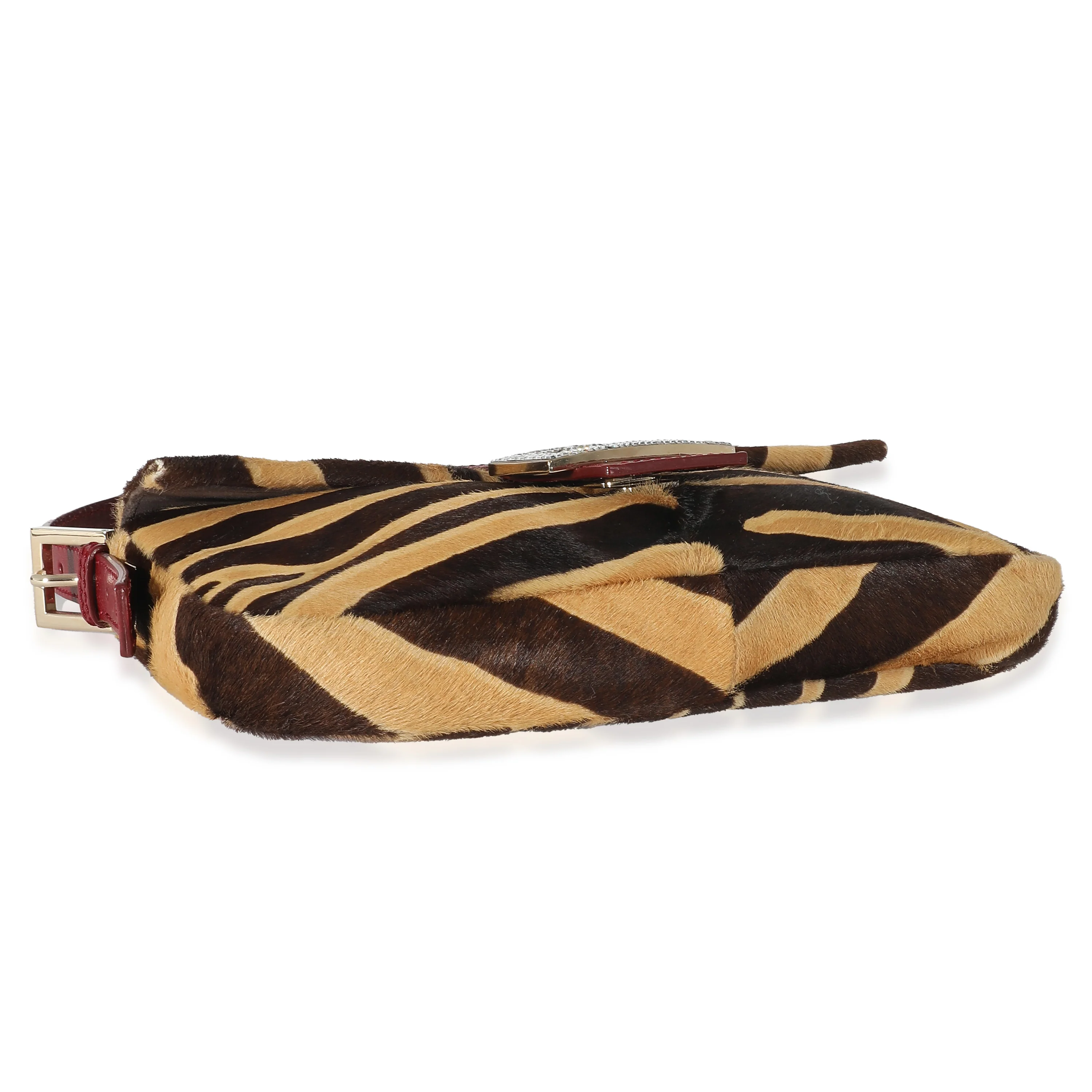 Fendi Brown Beige Zebra Pony Hair Crystal Baguette Bag - Image 4