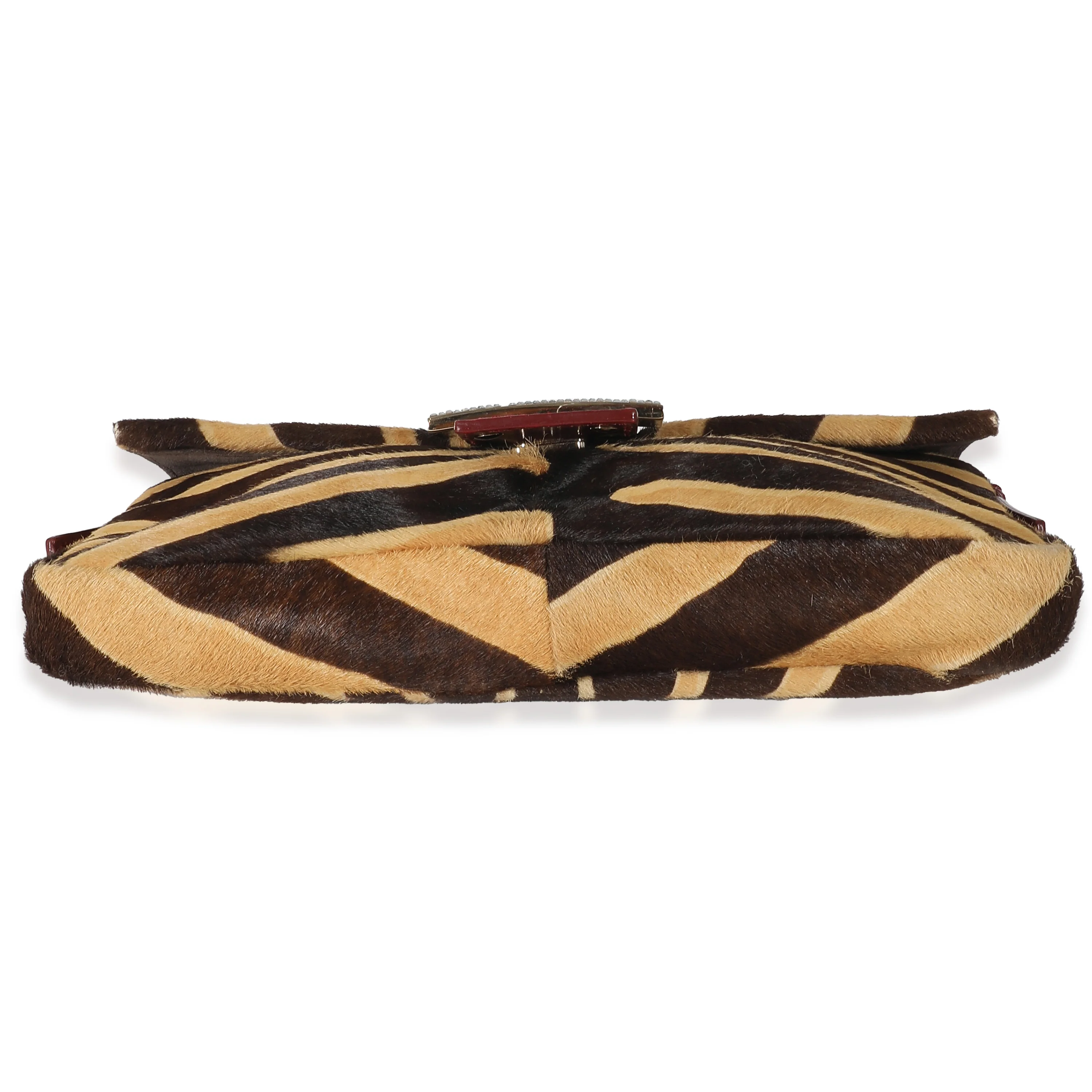 Fendi Brown Beige Zebra Pony Hair Crystal Baguette Bag - Image 7