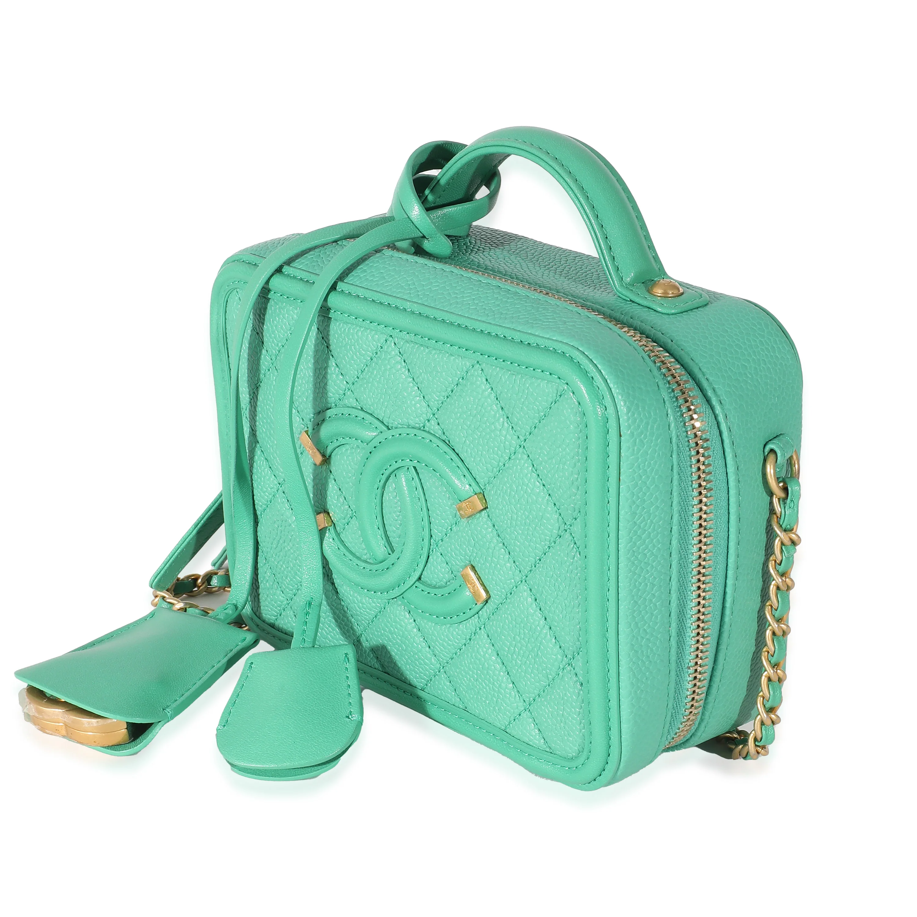 Chanel Green Quilted Caviar CC Small Filigree Vanity Case - Image 2