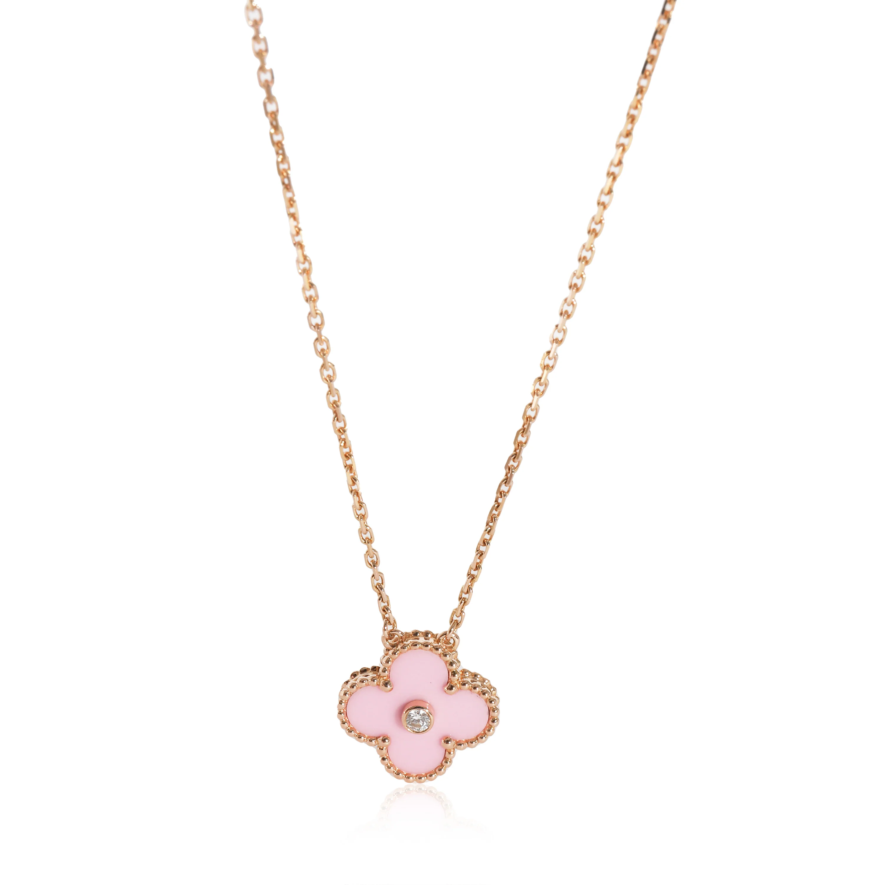 Van Cleef & Arpels Alhambra Pink Porcelain & Diamond Pendant 18k Gold 0.05 CTW
