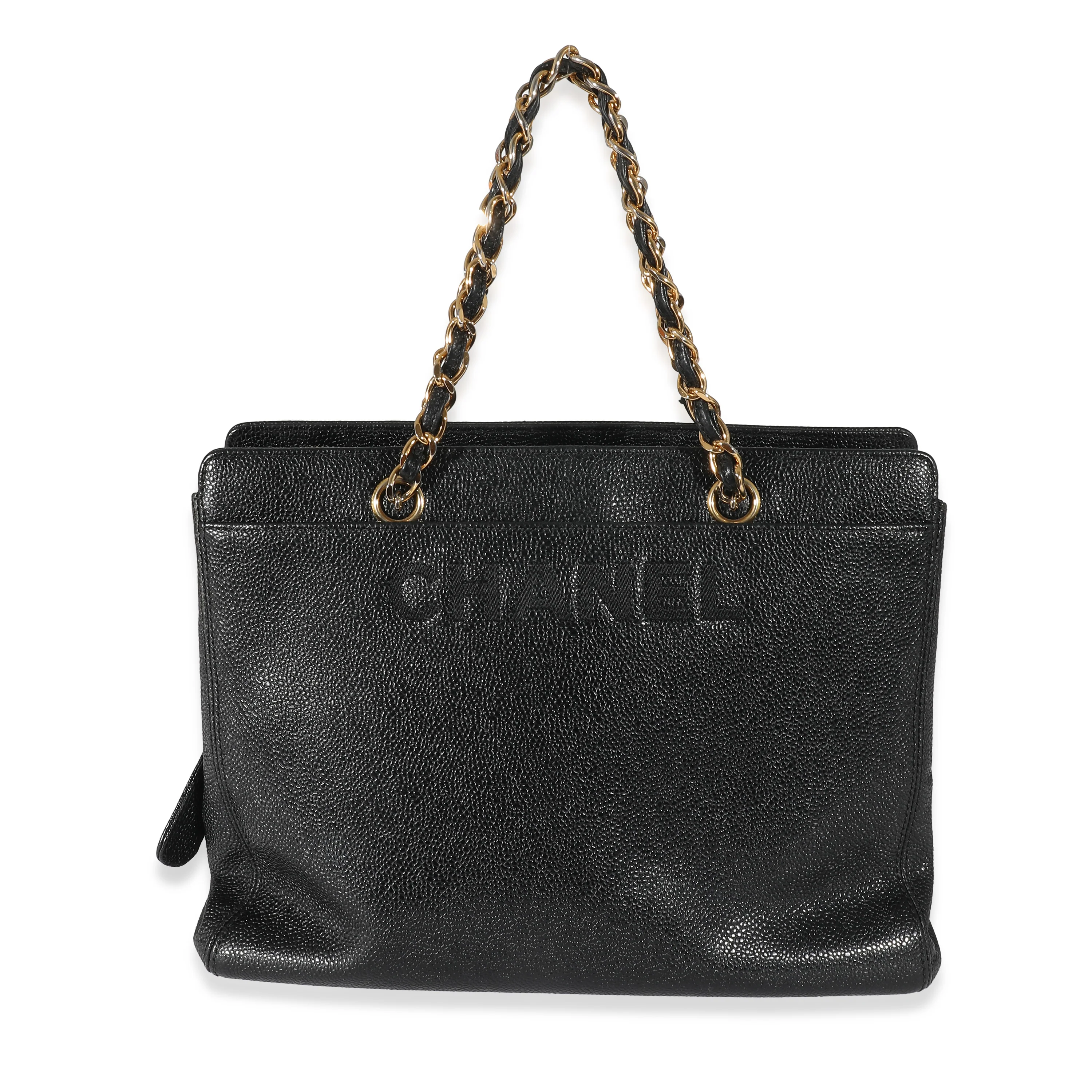 Chanel Black Caviar Logo Chain Tote