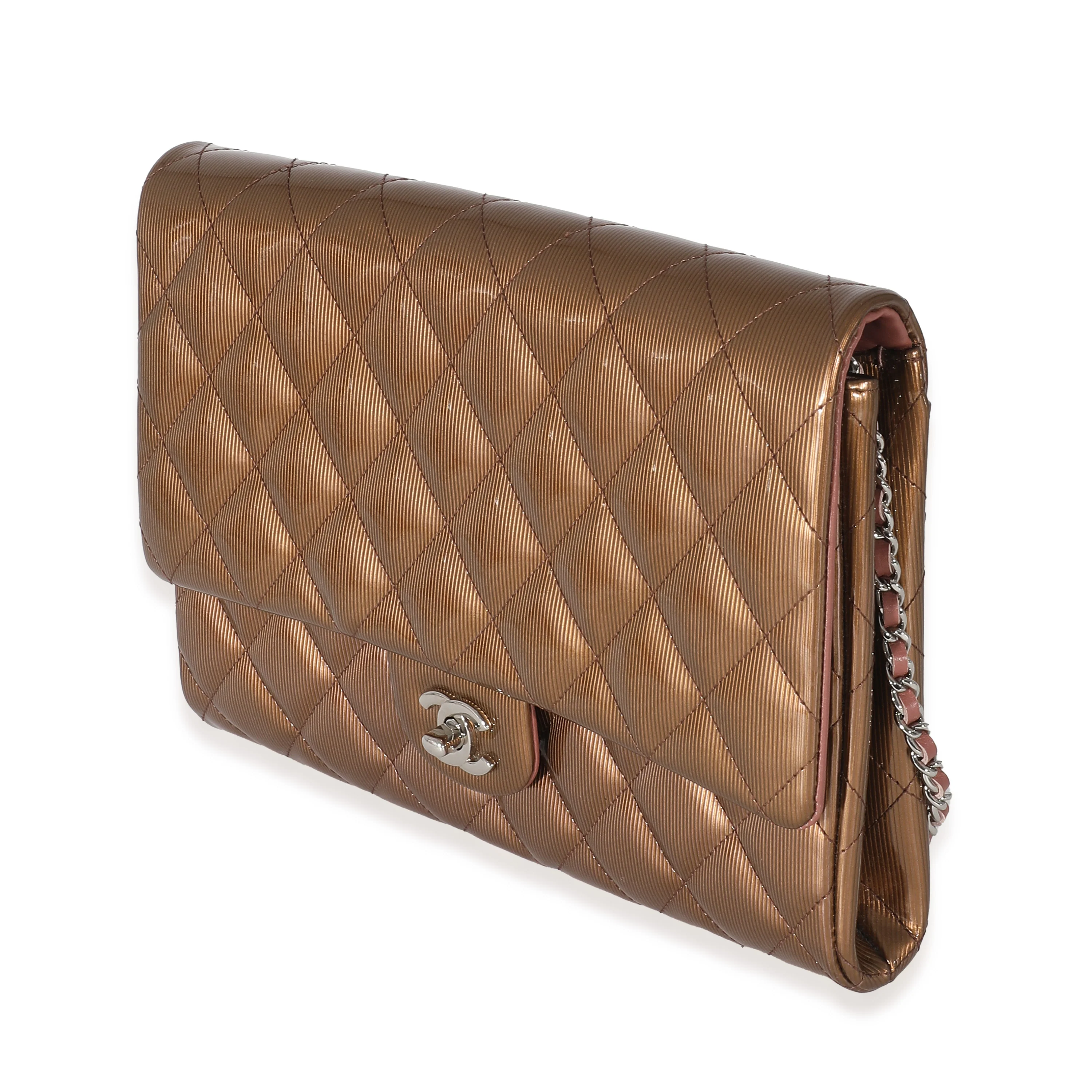 Chanel Bronze Patent Striated Jumbo Clutch On Chain - Image 2