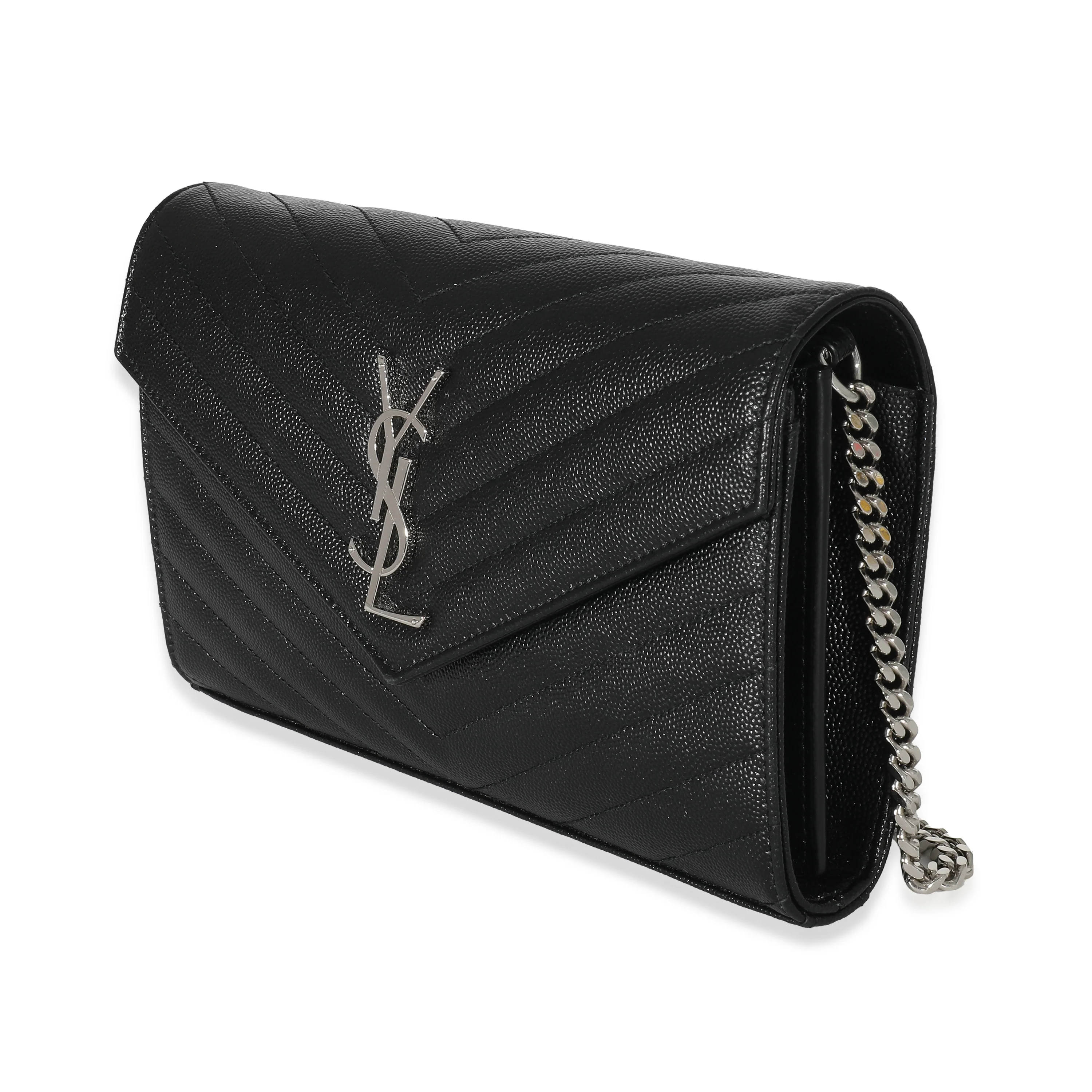 Saint Laurent Black Grain De Poudre Cassandre Envelope Chain Wallet - Image 2