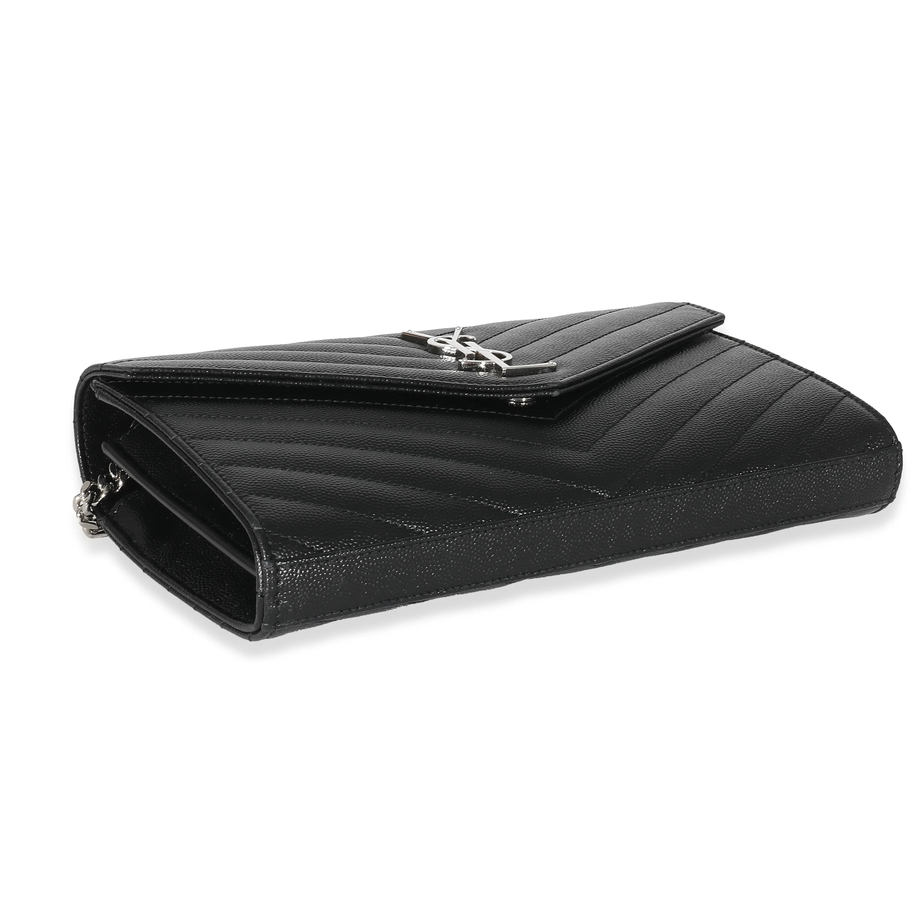 Saint Laurent Black Grain De Poudre Cassandre Envelope Chain Wallet - Image 3