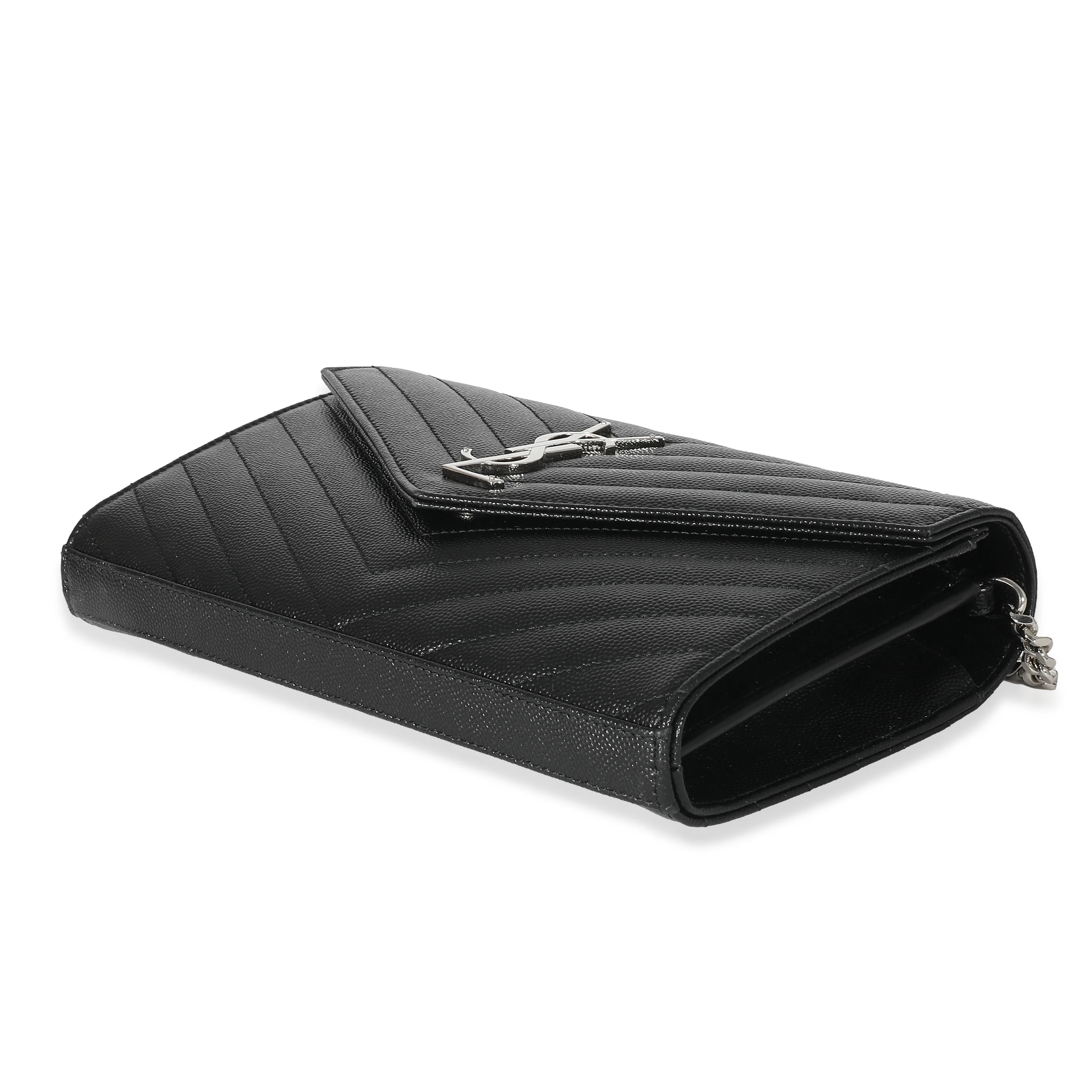 Saint Laurent Black Grain De Poudre Cassandre Envelope Chain Wallet - Image 5