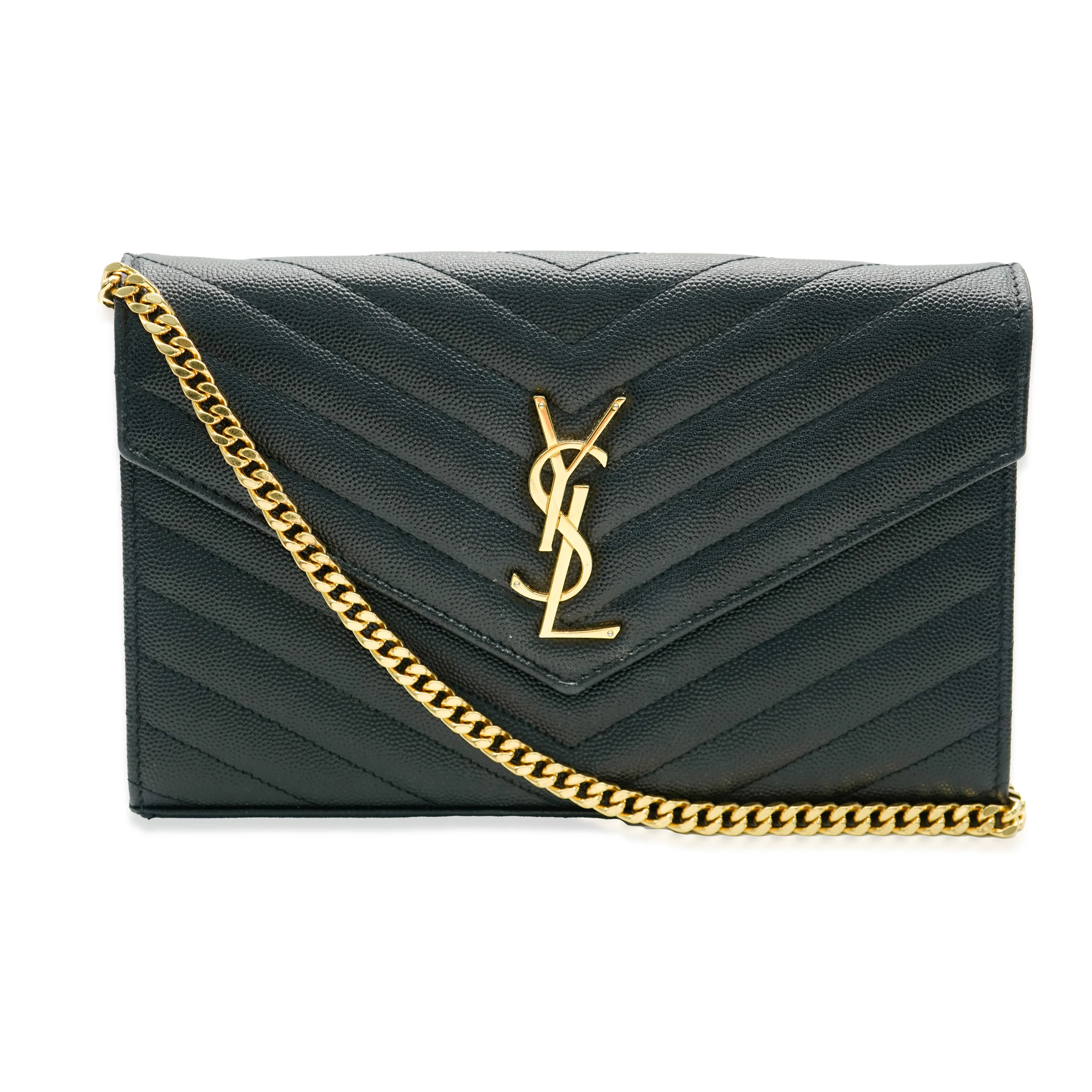 Saint Laurent Black Grain De Poudre Cassandre Envelope Chain Wallet