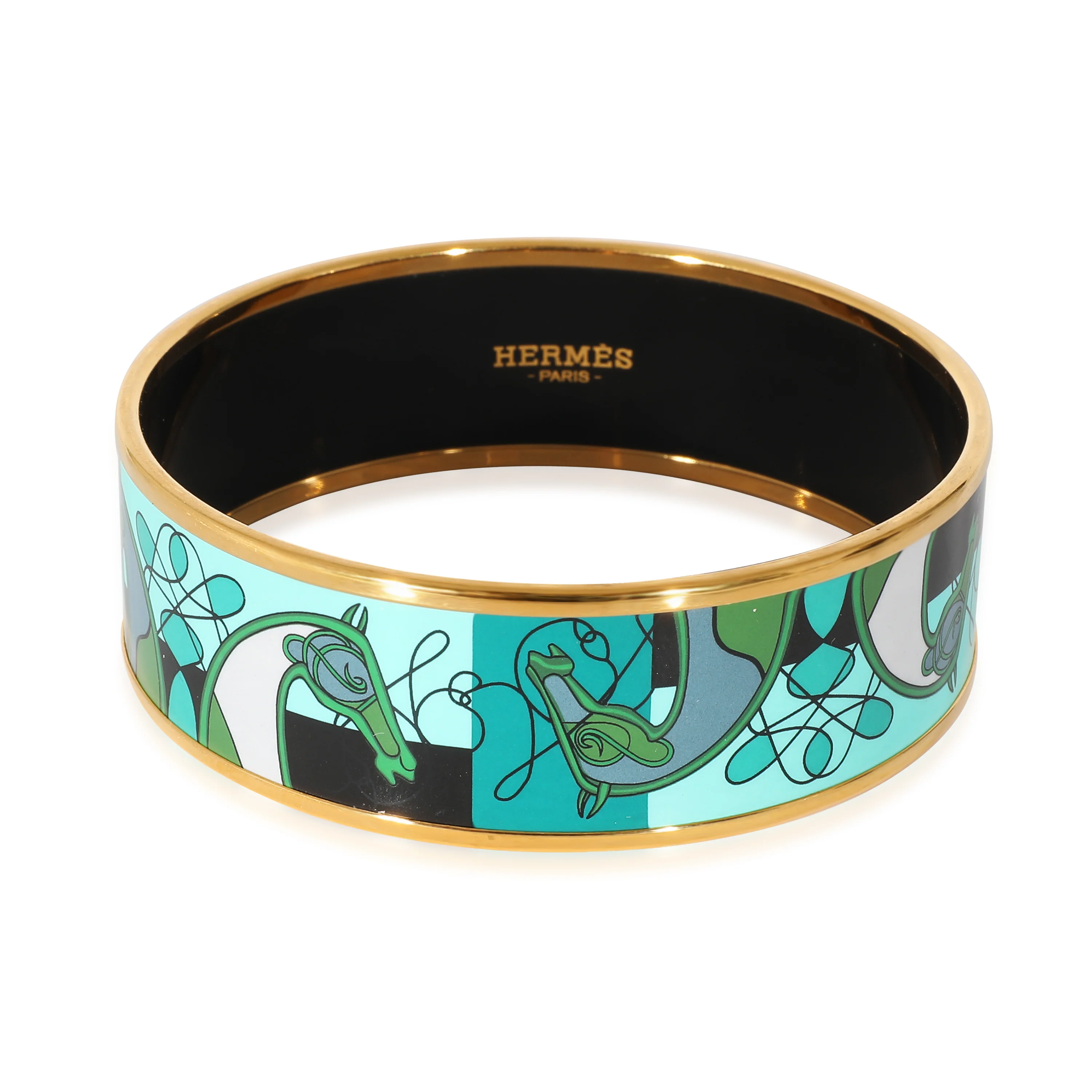 Hermès Gold Plated Wide Blue Green Horse Enamel Bracelet (62MM)