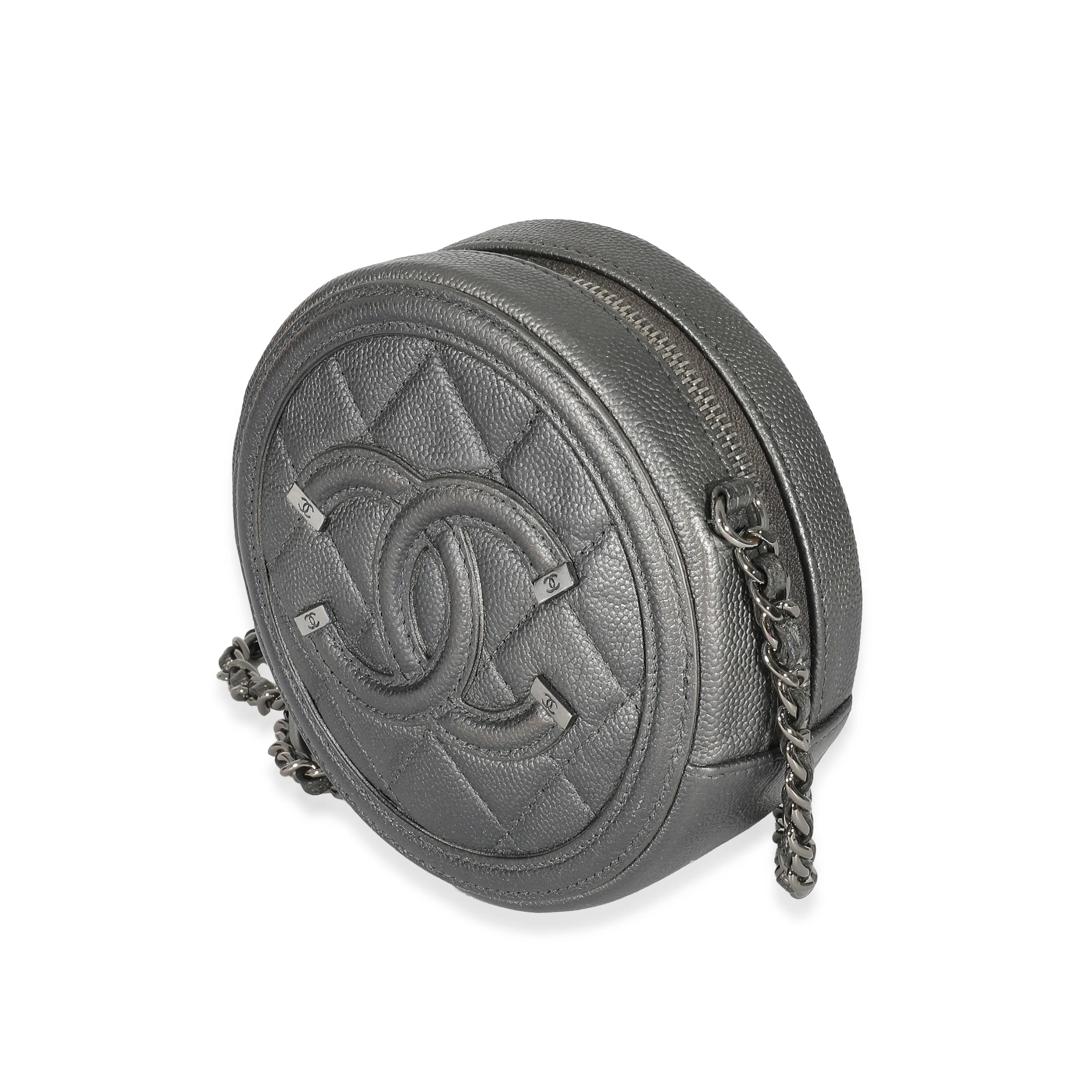 Chanel Grey Metallic Quilted Caviar Round Filigree Clutch - Image 2