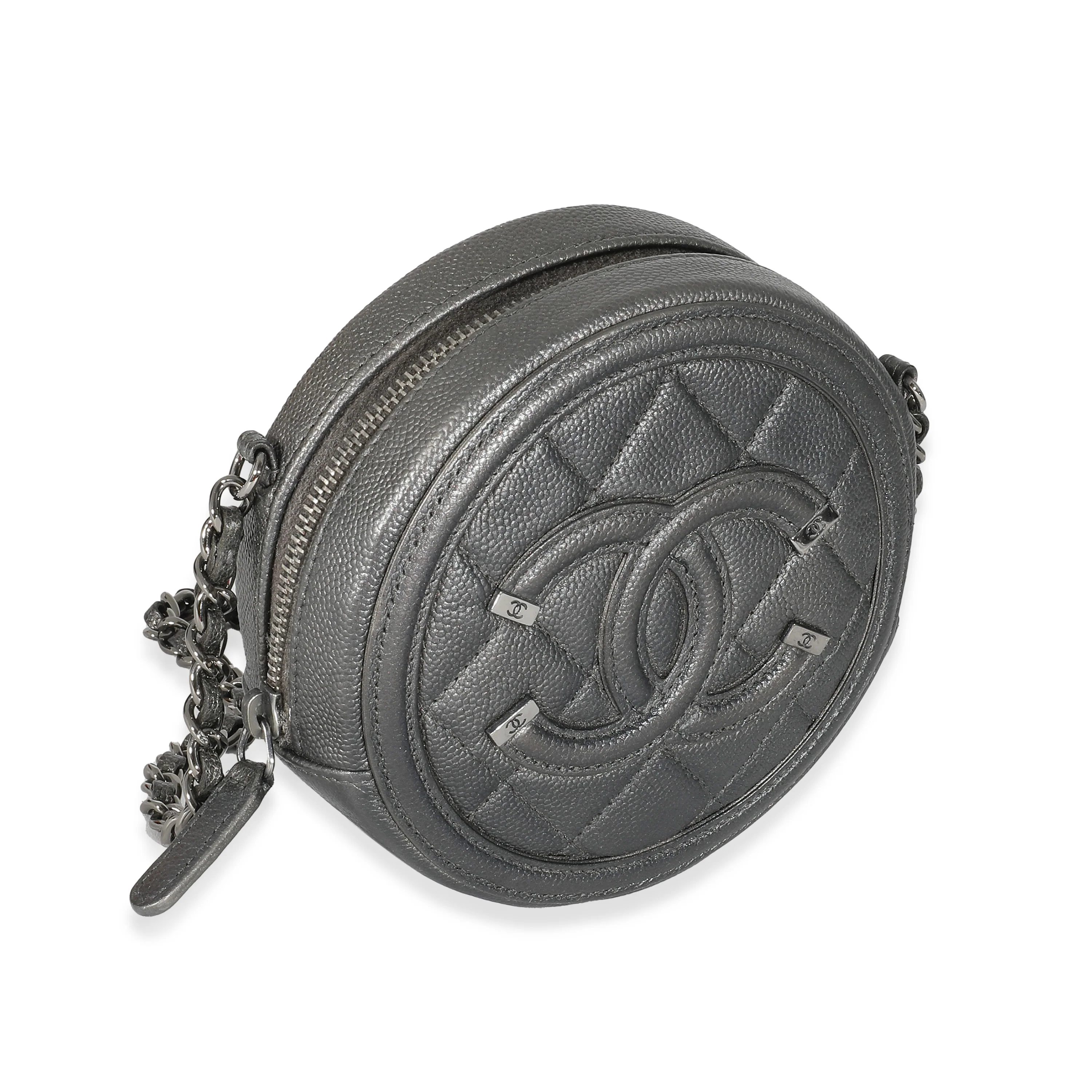 Chanel Grey Metallic Quilted Caviar Round Filigree Clutch - Image 3