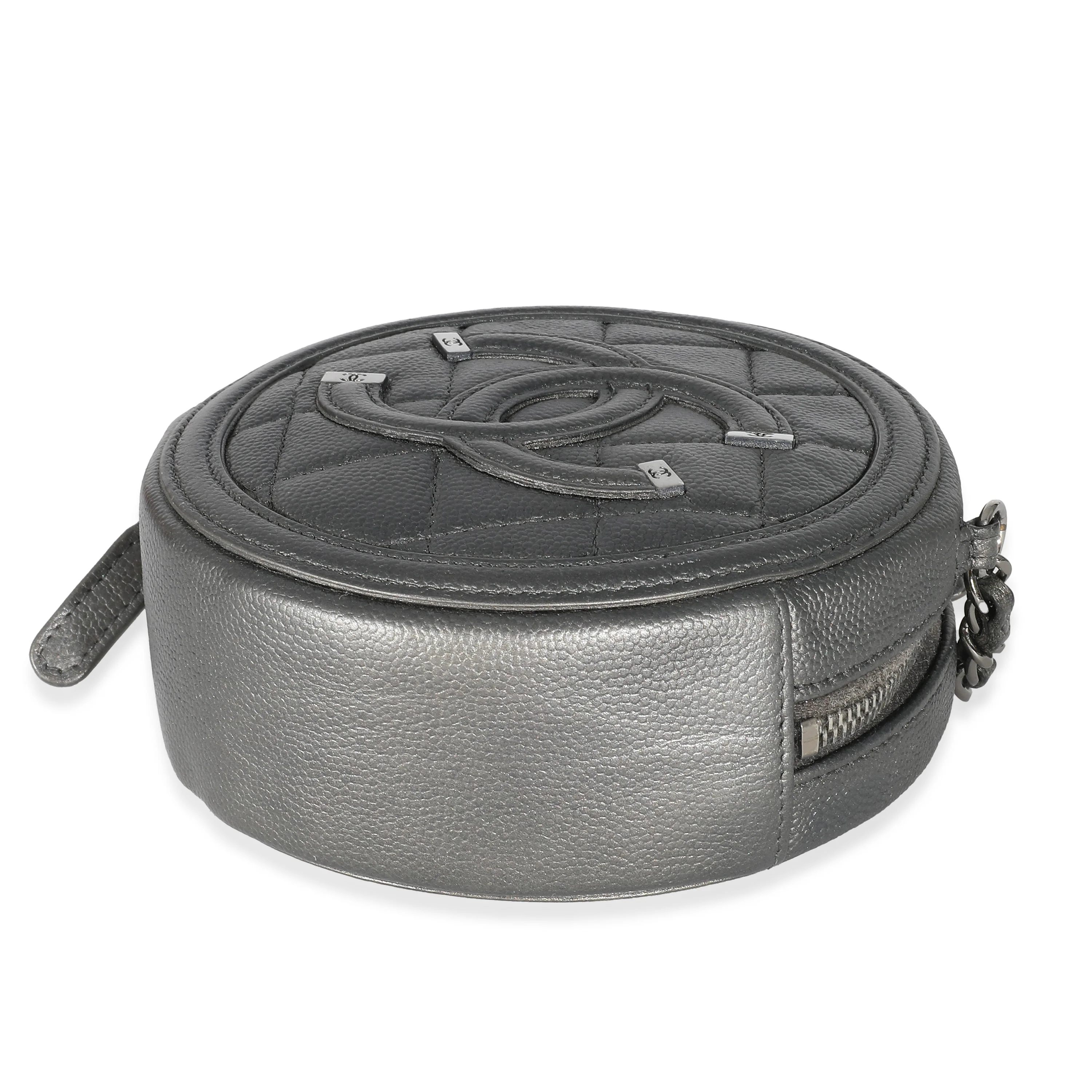 Chanel Grey Metallic Quilted Caviar Round Filigree Clutch - Image 4