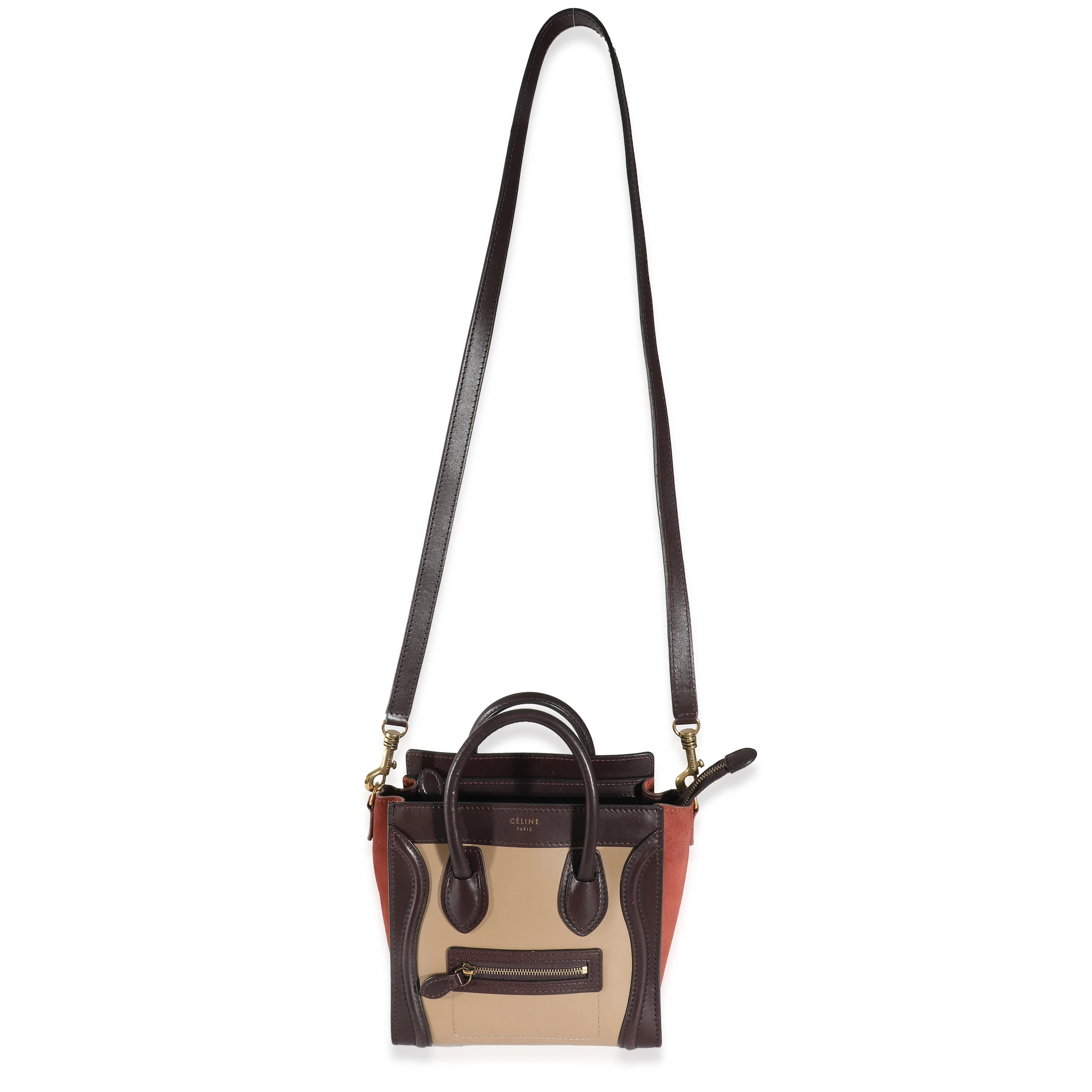 Celine Burgundy Beige Brown Tri-Colour Suede Leather Nano Luggage - Image 4