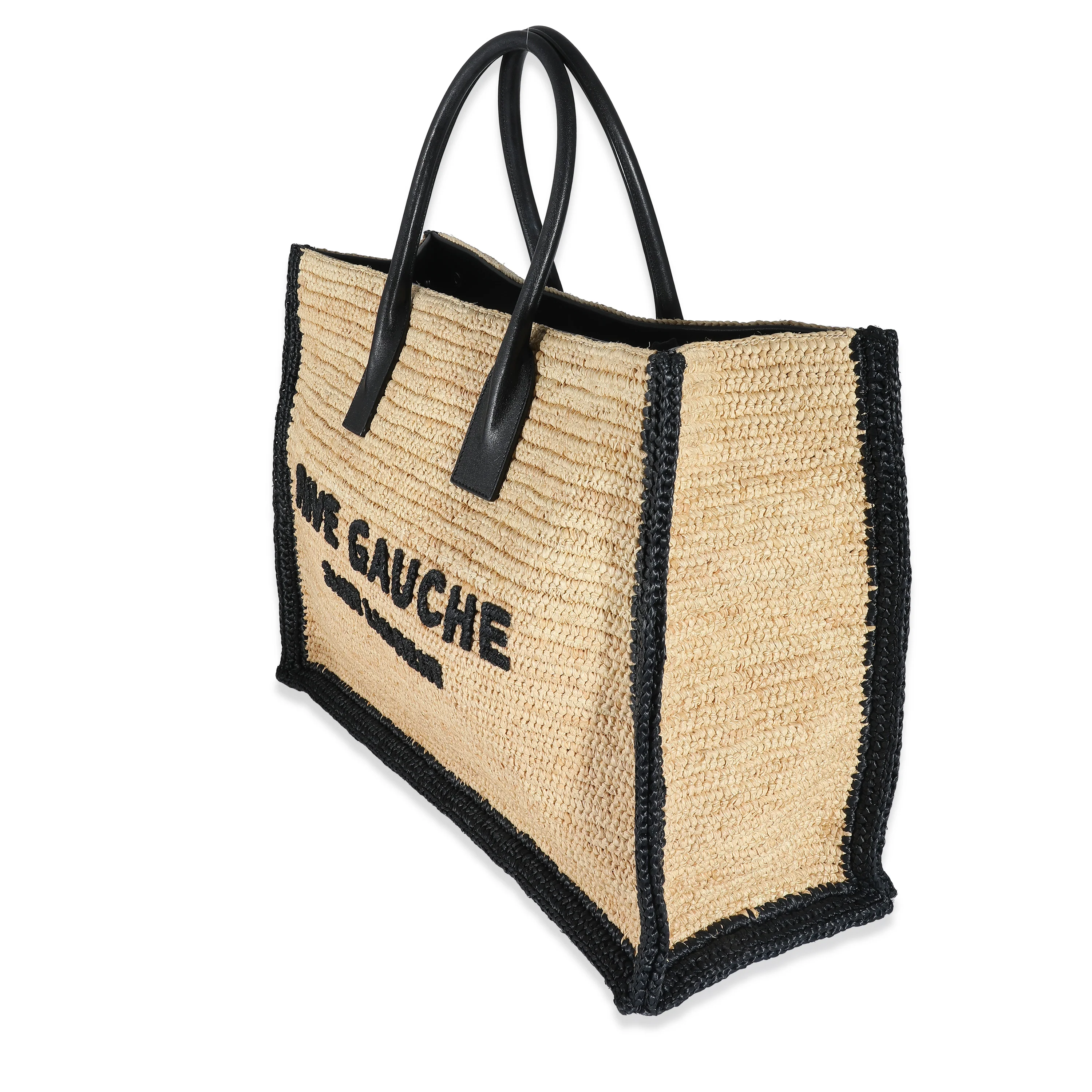 Saint Laurent Beige Natural Raffia Black Leather Rive Gauche Tote - Image 2