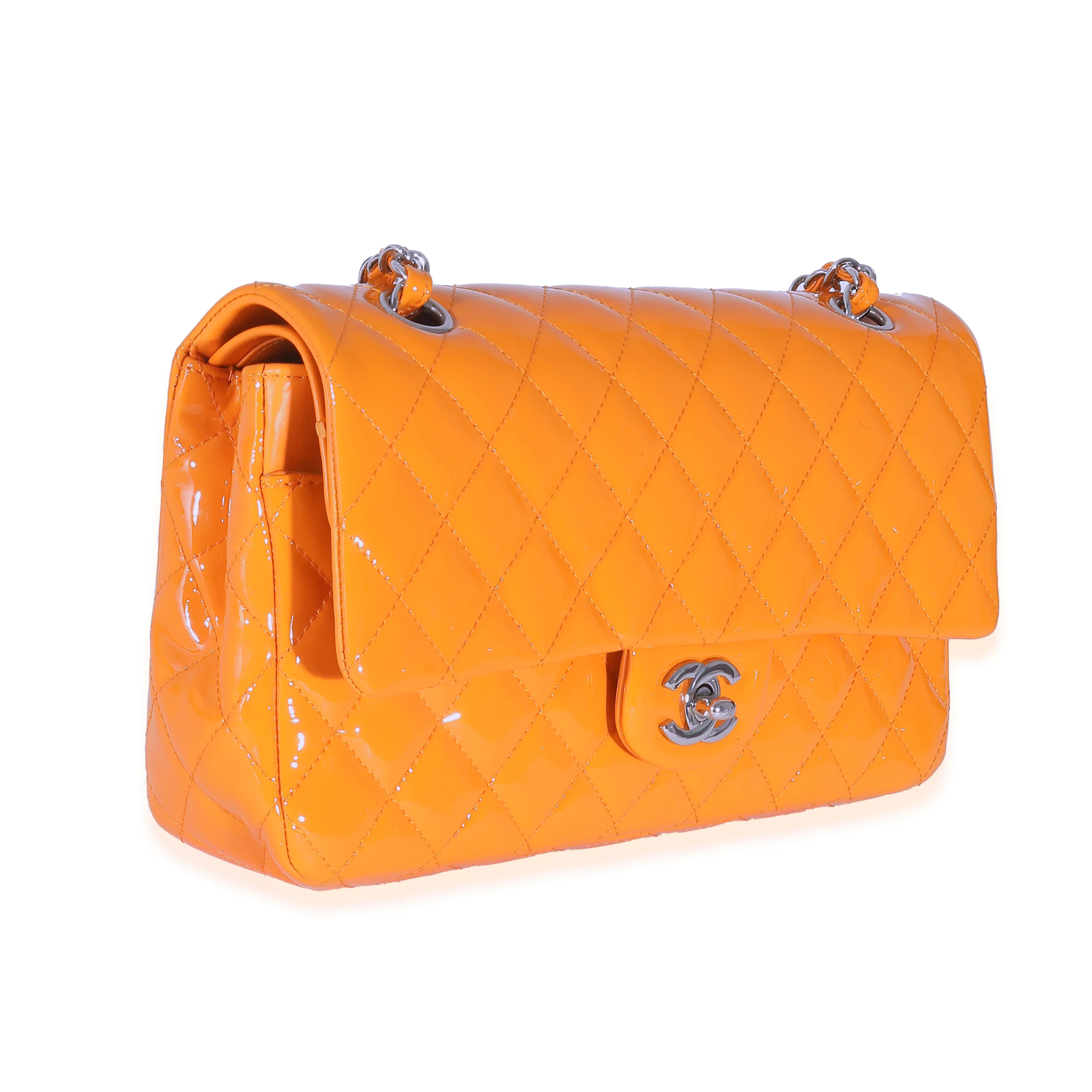 Orange Quilted Patent Medium Classic Double Flap Bag - Image 3