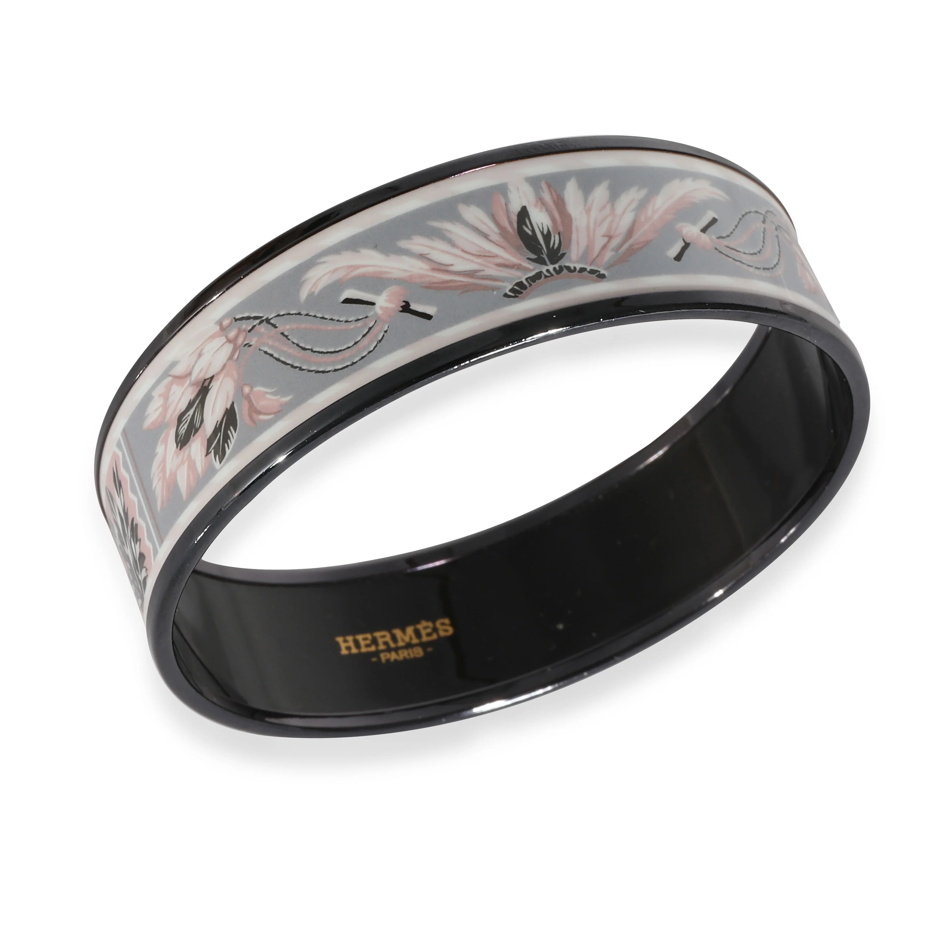 Hermès White Enamel Brazil Feathers Black Wide Bangle 62 - Image 3
