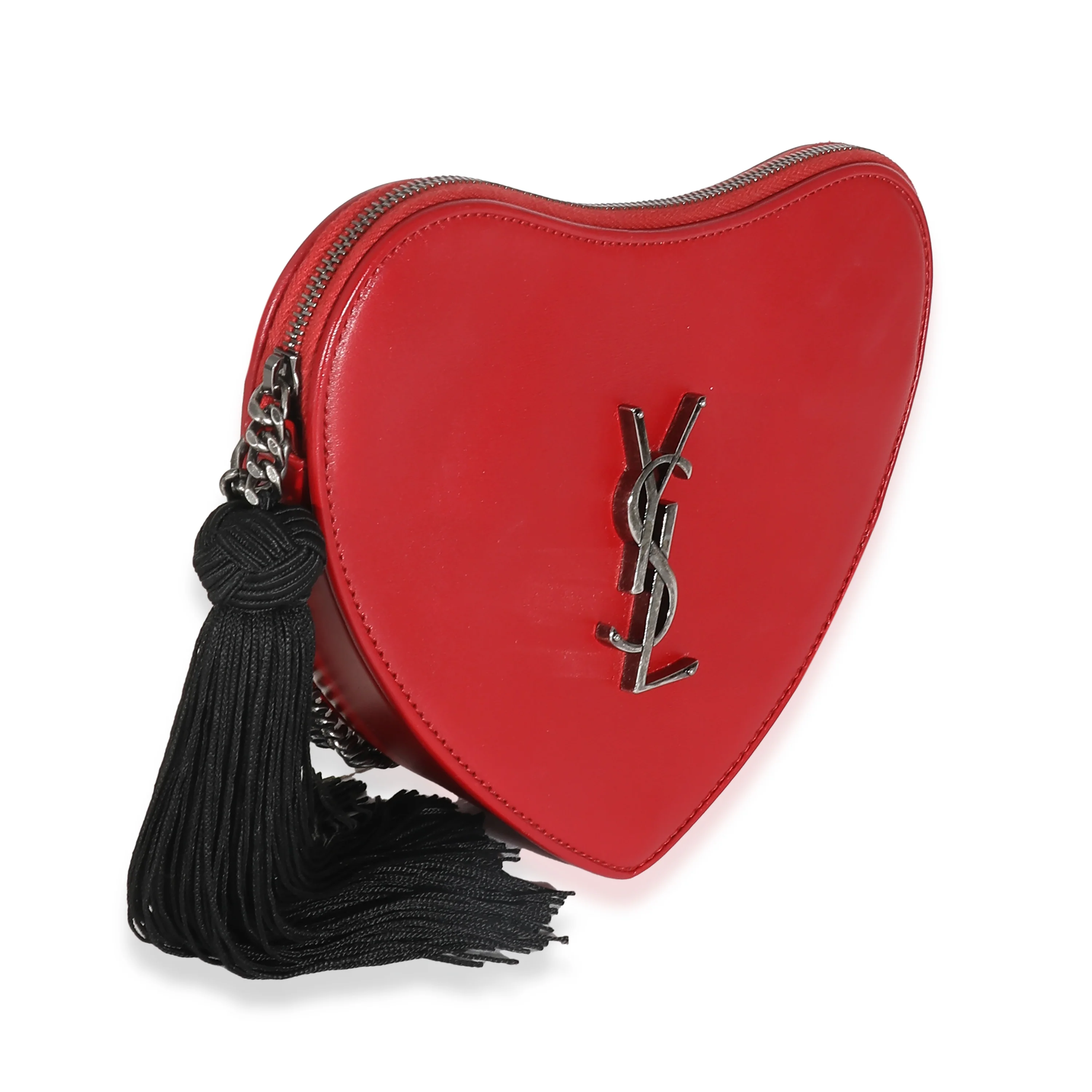 Saint Laurent Red Smooth Calfskin Heart Monogram Tassel Bag - Image 7