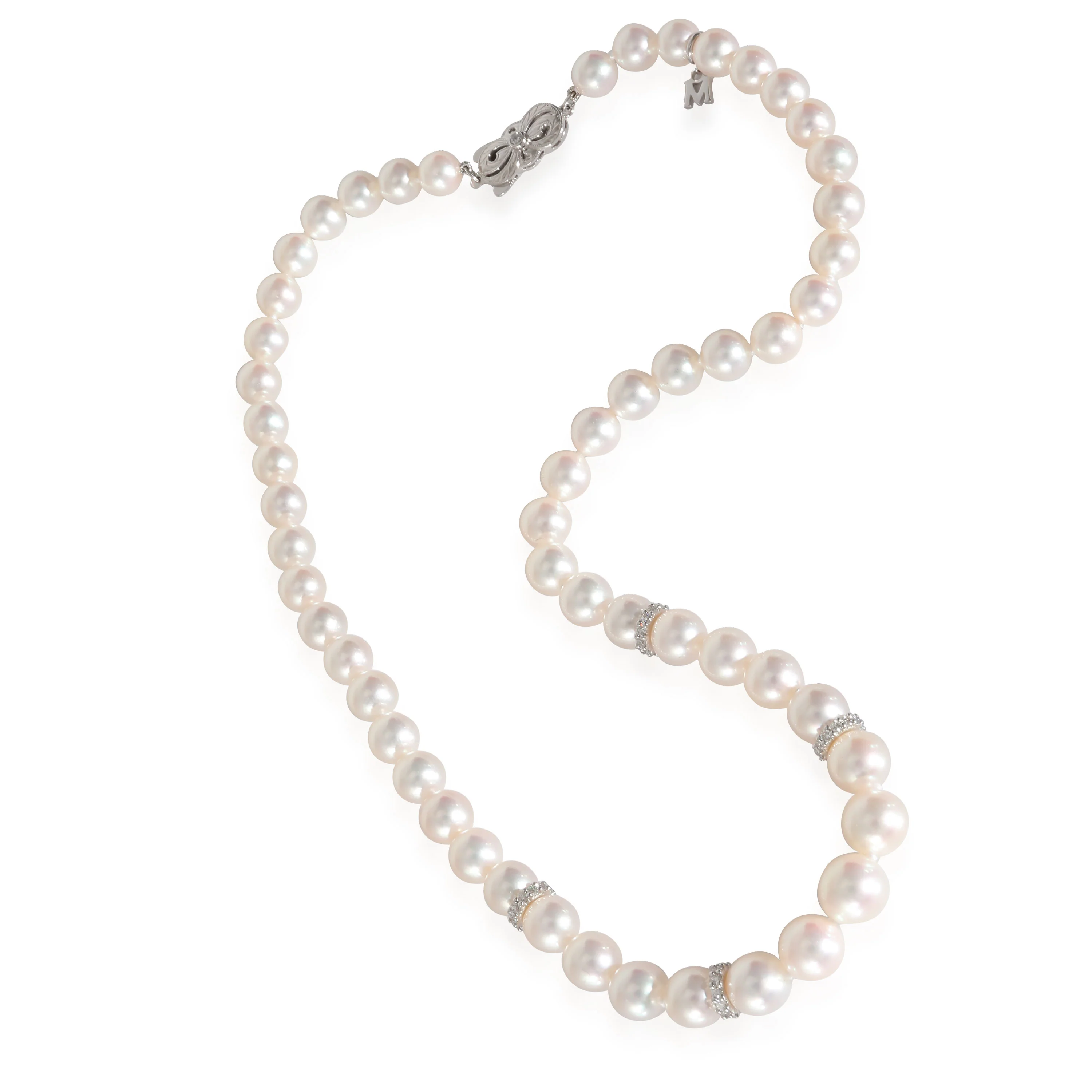 White Gold Akoya Graduated Pearl Strand Necklace With Diamond Rondelles - Image 2