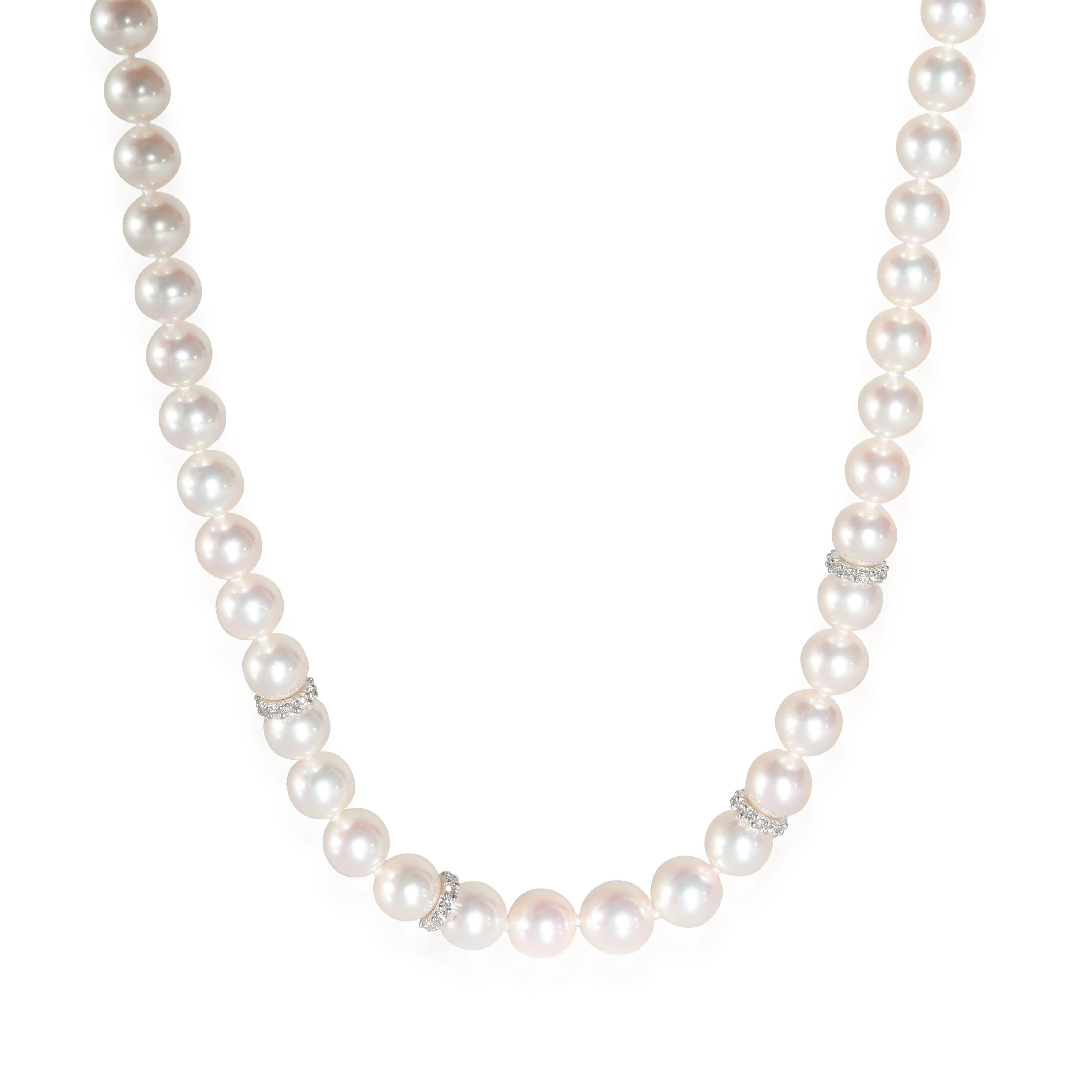 White Gold Akoya Graduated Pearl Strand Necklace With Diamond Rondelles - Image 3