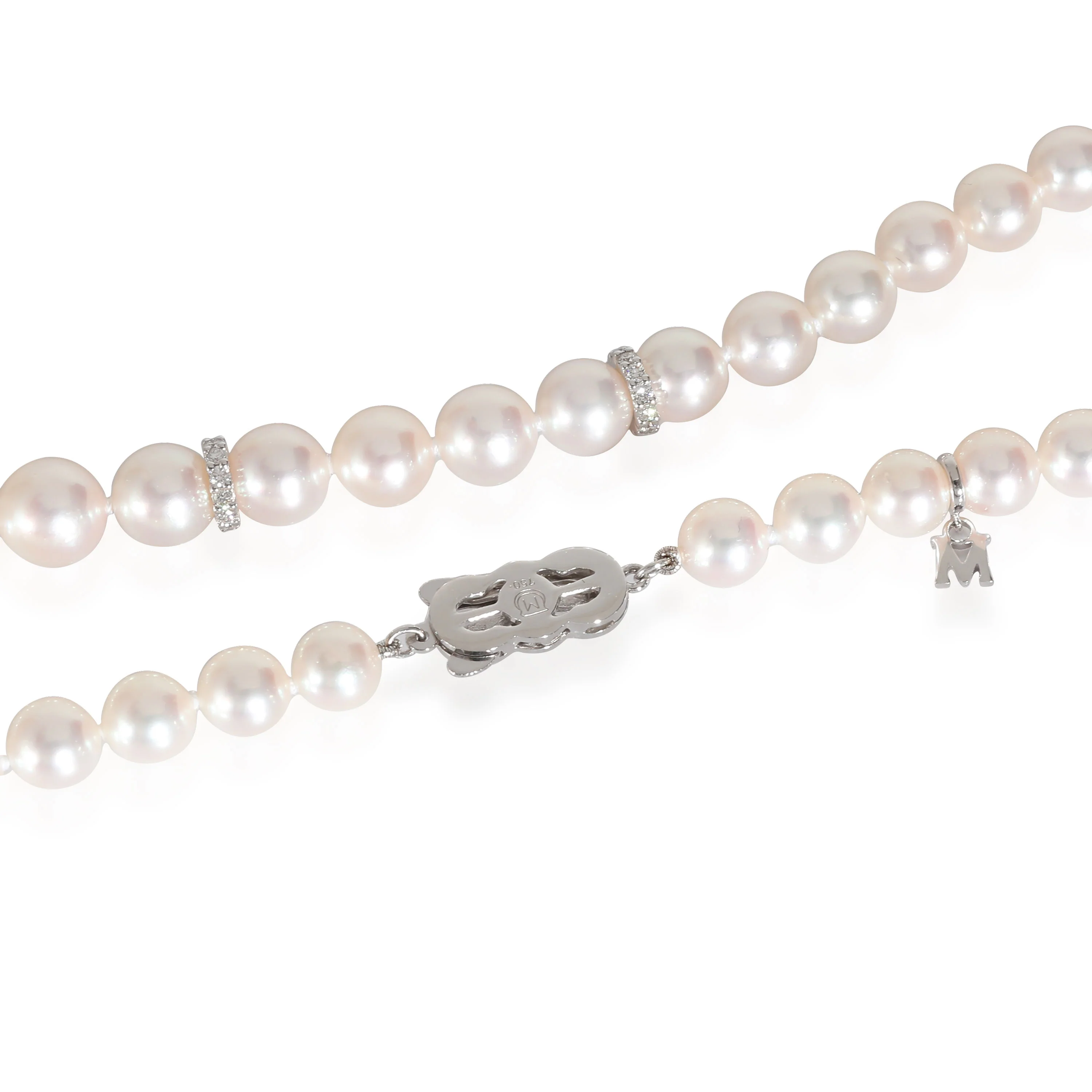 White Gold Akoya Graduated Pearl Strand Necklace With Diamond Rondelles - Image 5