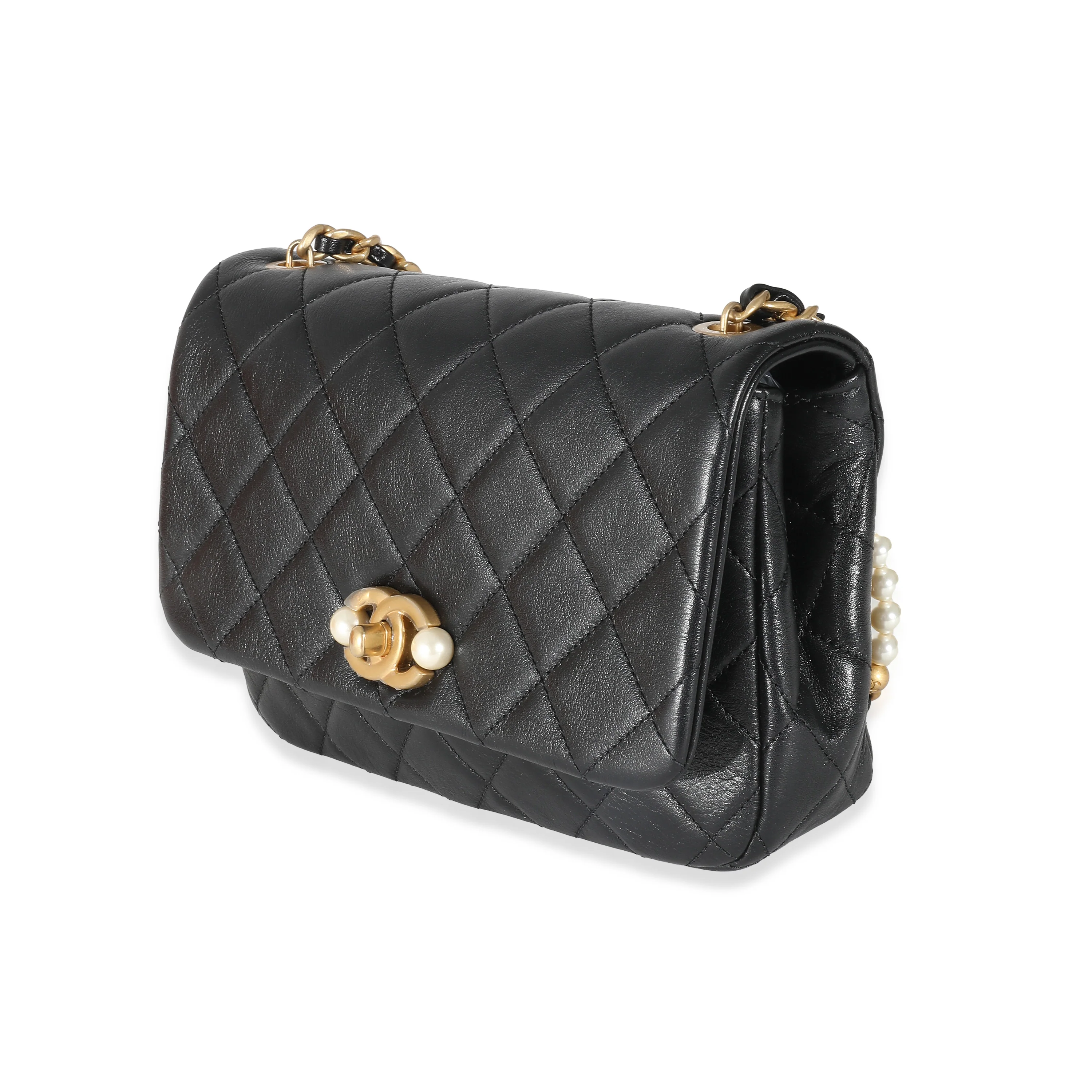Chanel Black Glazed Quilted Calfskin Pearl Side Small Flap Bag - Image 2