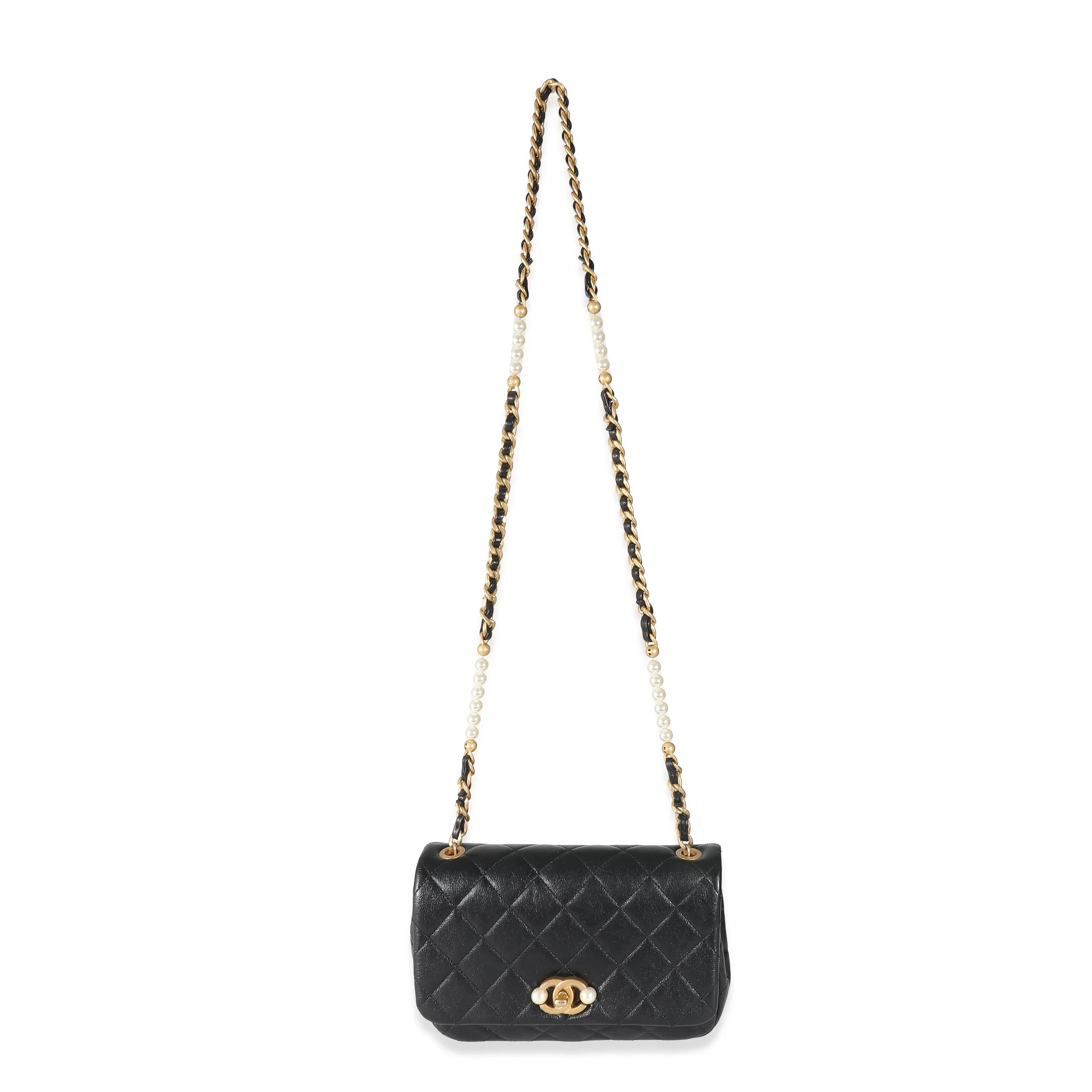 Chanel Black Glazed Quilted Calfskin Pearl Side Small Flap Bag - Image 8