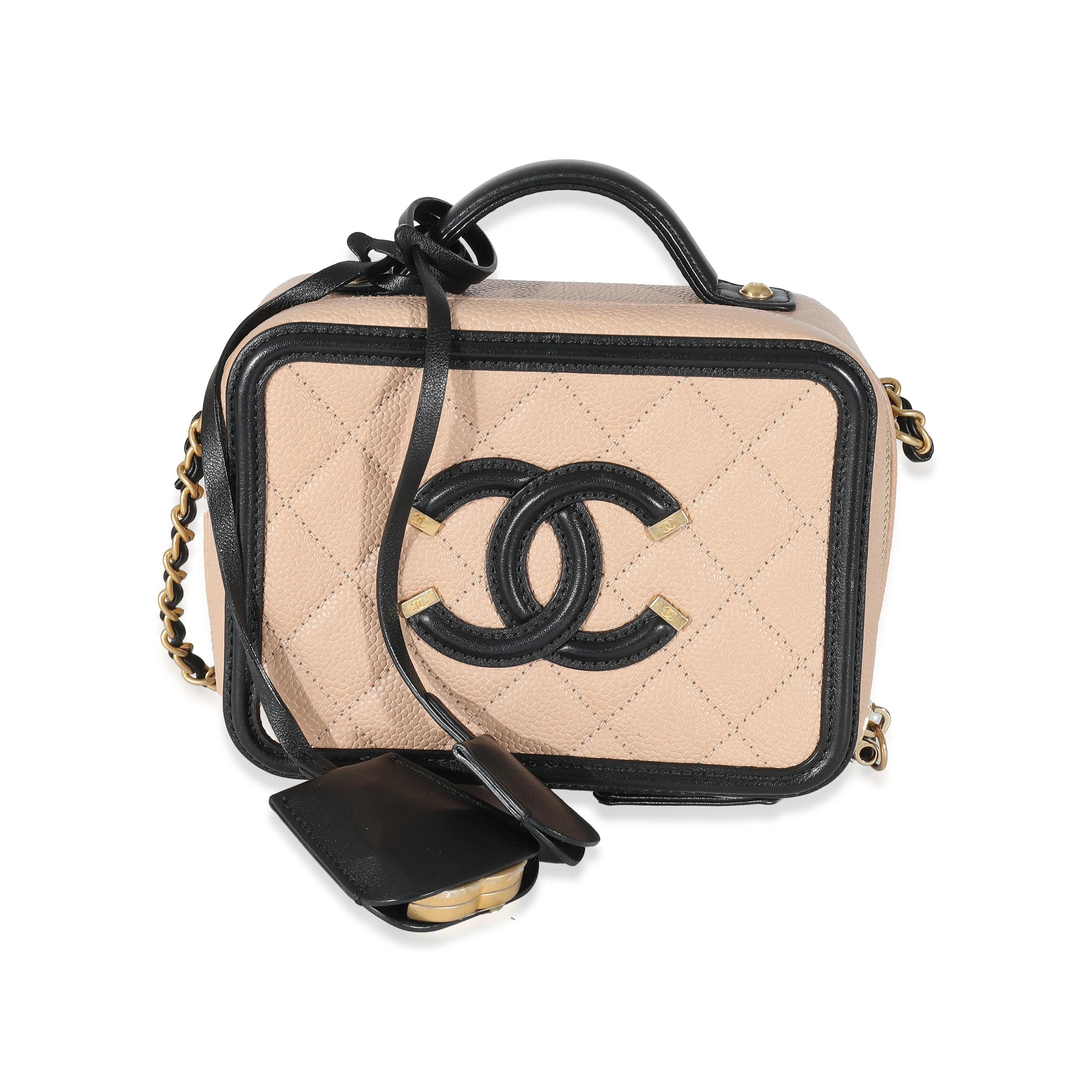 Chanel Beige Black Caviar Quilted Small CC Filigree Vanity Case